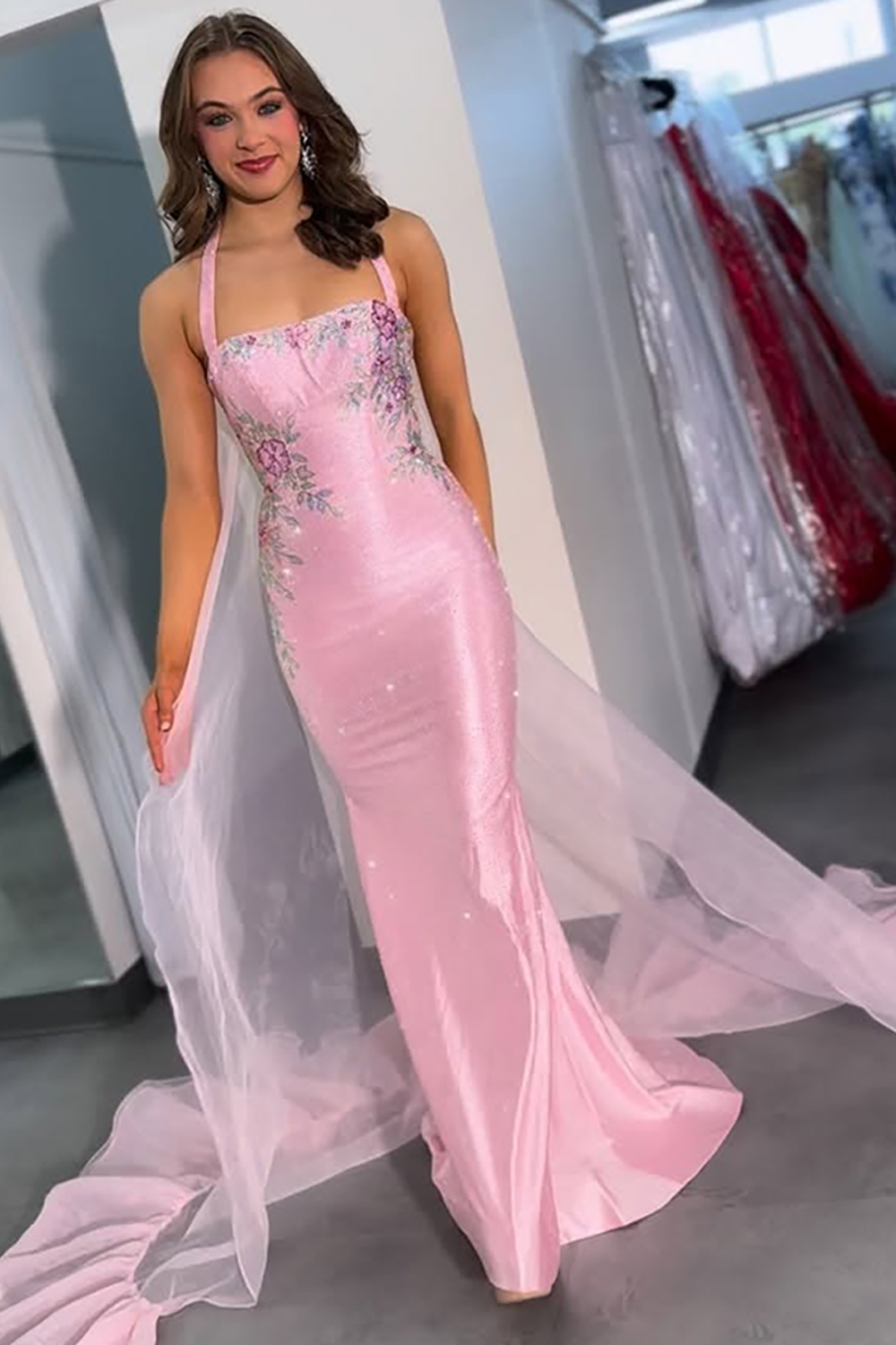 Sparkly Satin Halter Pink Floral Mermaid Long Prom Dress with Cape