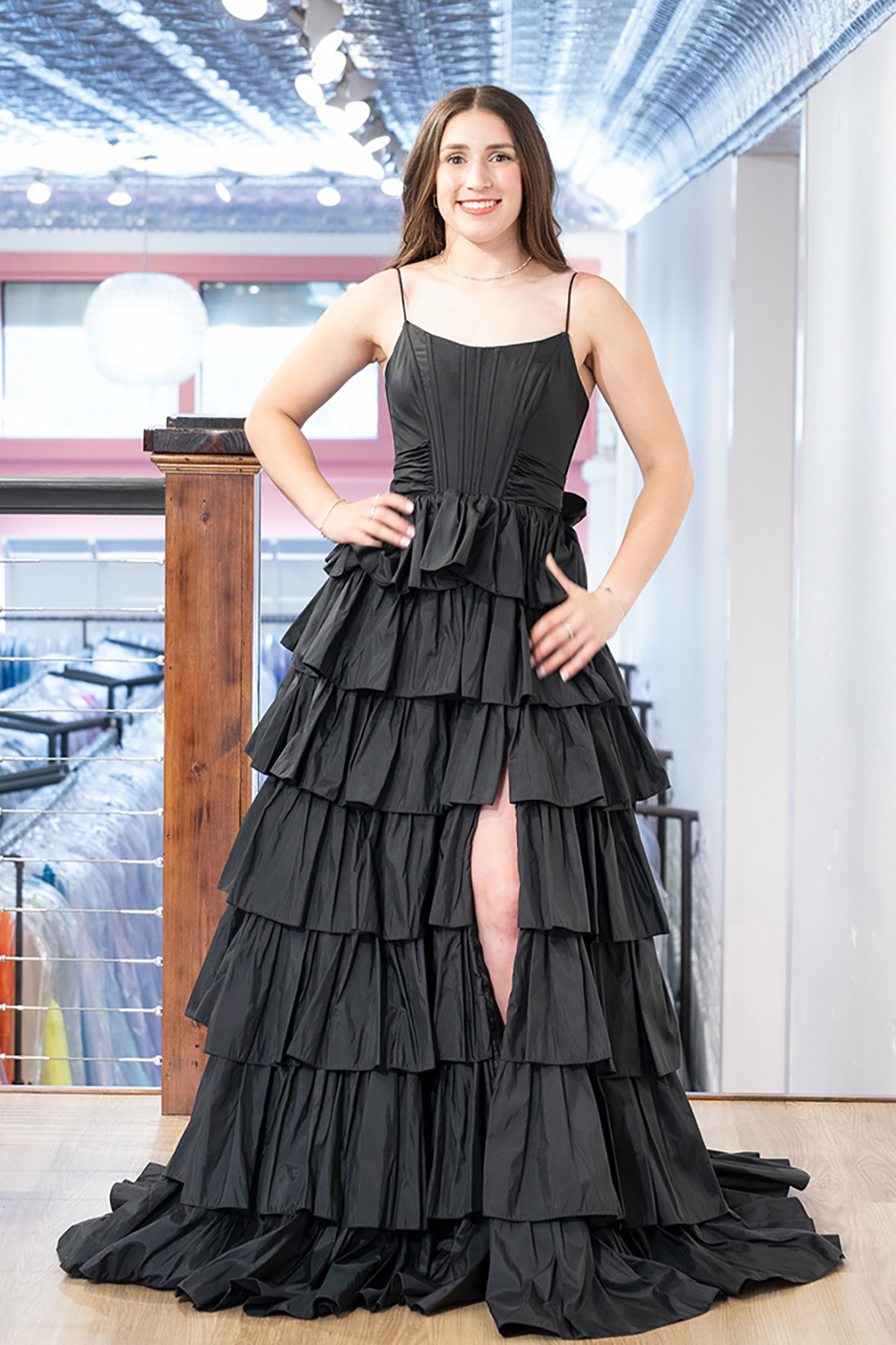 Ruffled Pink Corset A Line Long Prom Dress with Bow