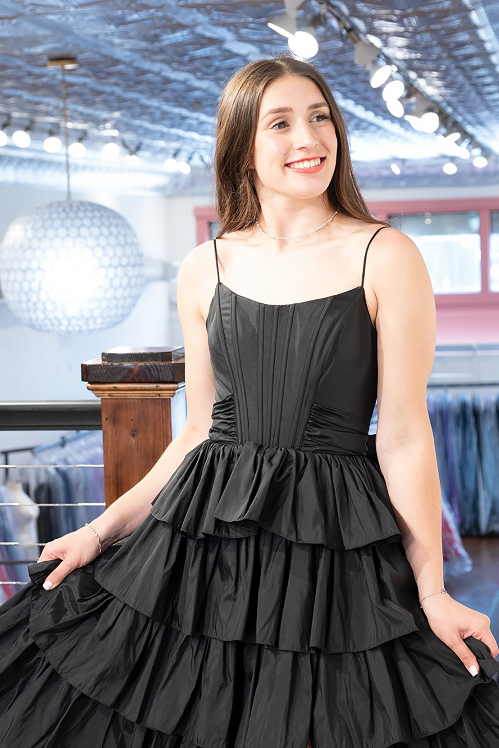 Ruffled Pink Corset A Line Long Prom Dress with Bow