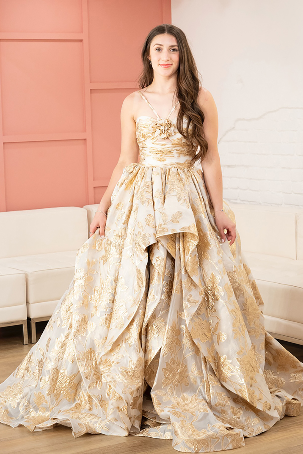 Gold Jacquard Ball Gown Halter Keyhole Long Prom Dress with 3D Flower