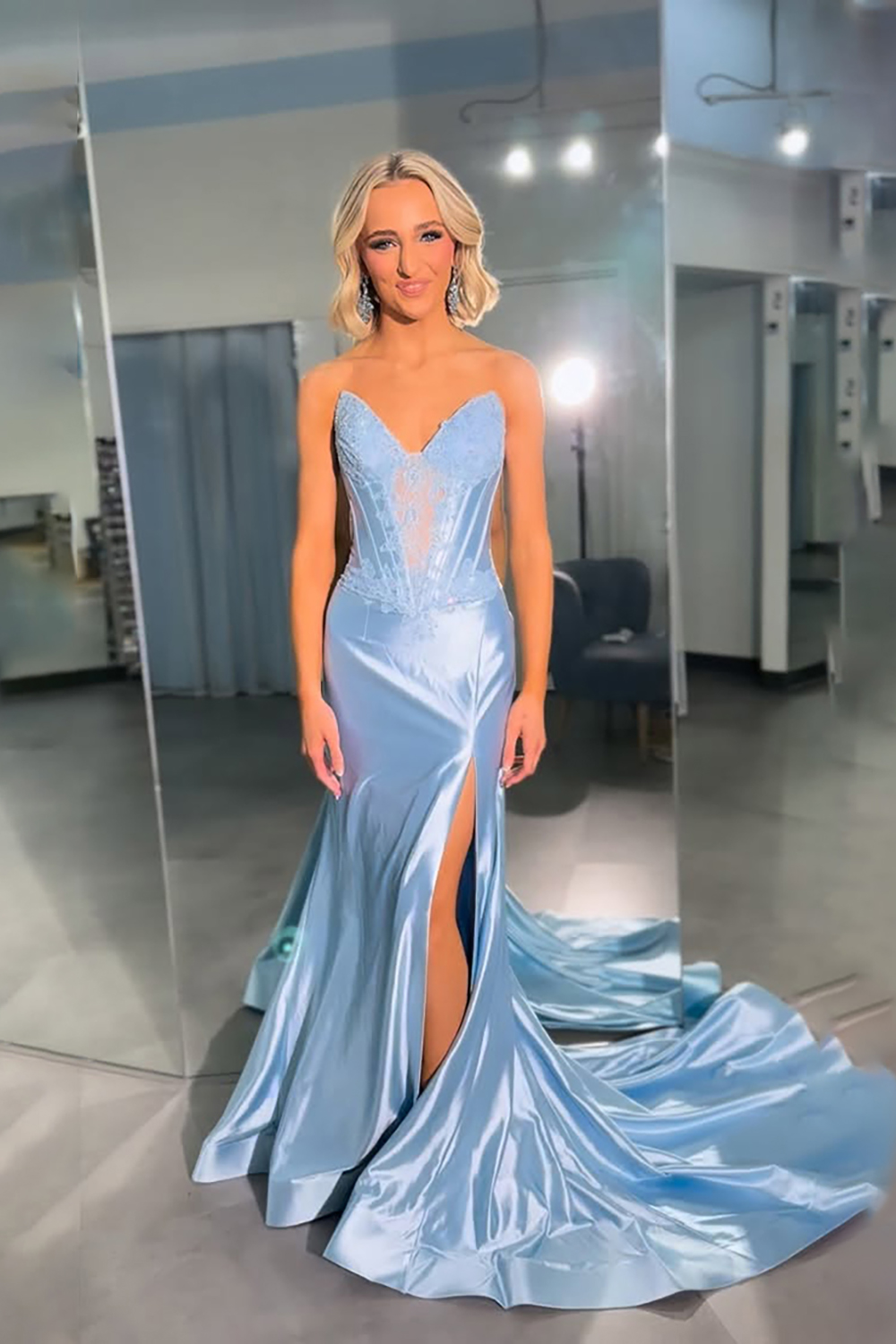 Satin Corset Sky Blue Mermaid Long Prom Dress with Slit