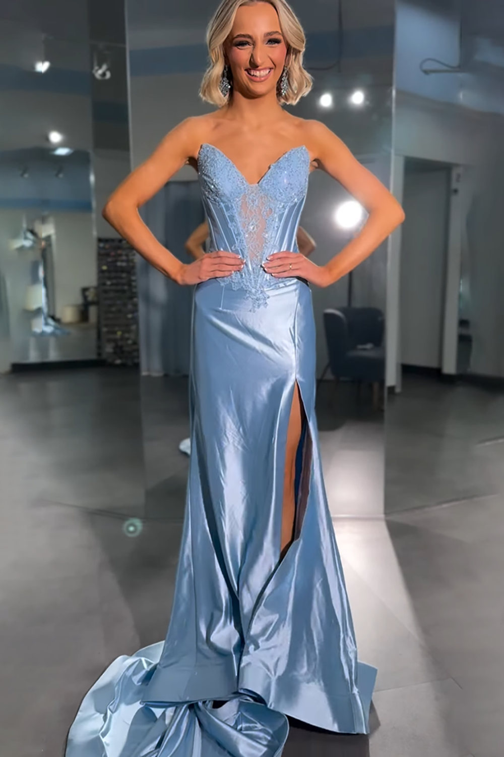 Satin Corset Sky Blue Mermaid Long Prom Dress with Slit