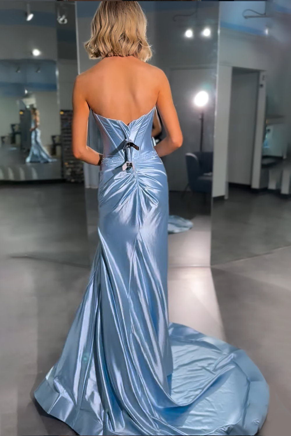 Satin Corset Sky Blue Mermaid Long Prom Dress with Slit