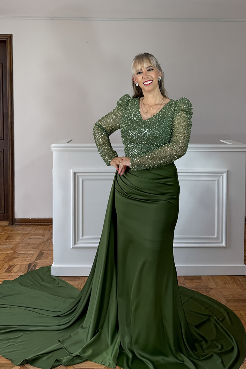 Sparkly Sage Beaded Floor-Length Mother of the Bride Dress with Side Cape