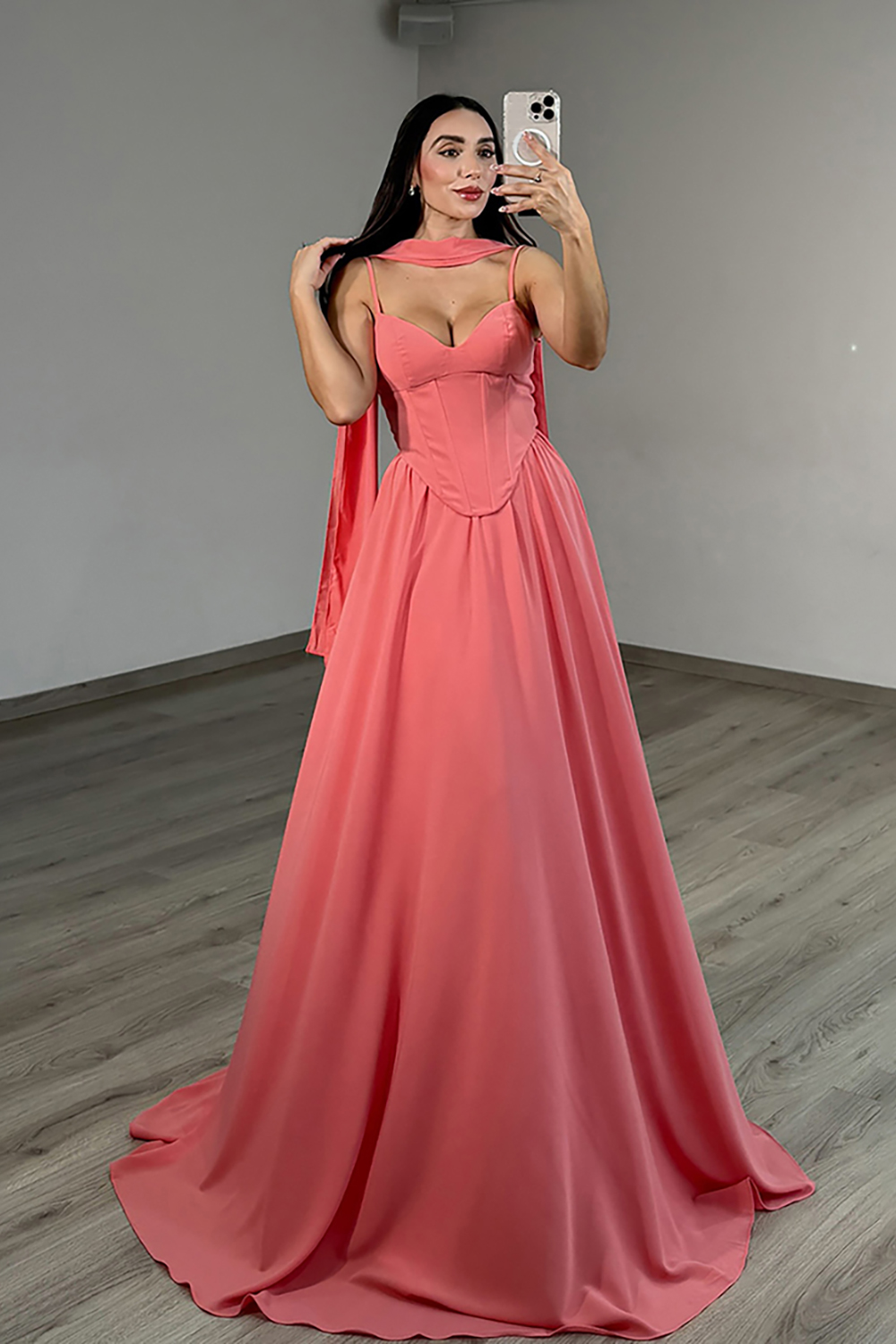 Blush Corset Neck Scarf Chiffon A Line Long Prom Dress