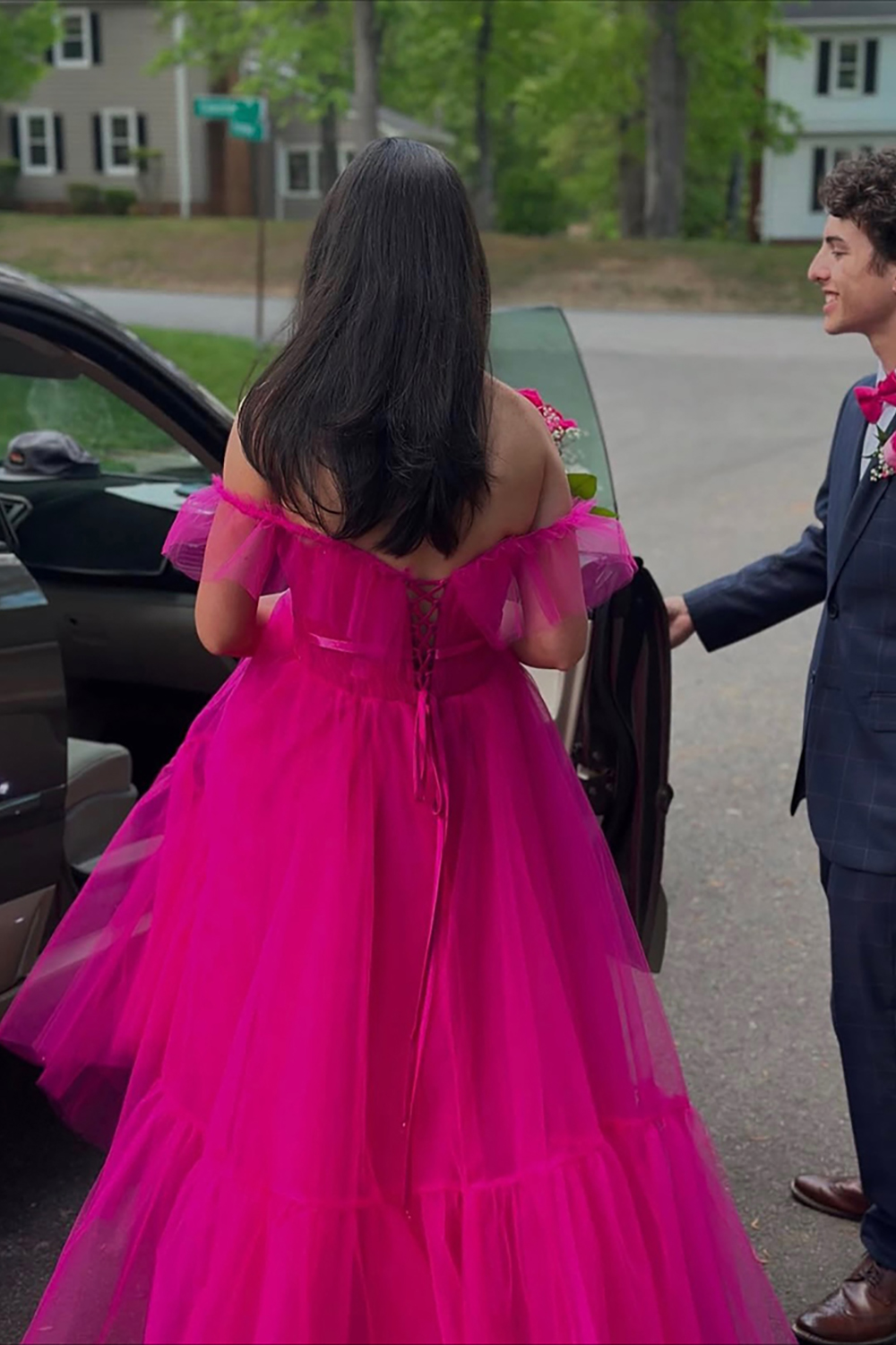 Off the Shoulder Fuchsia A Line Long Prom Dress
