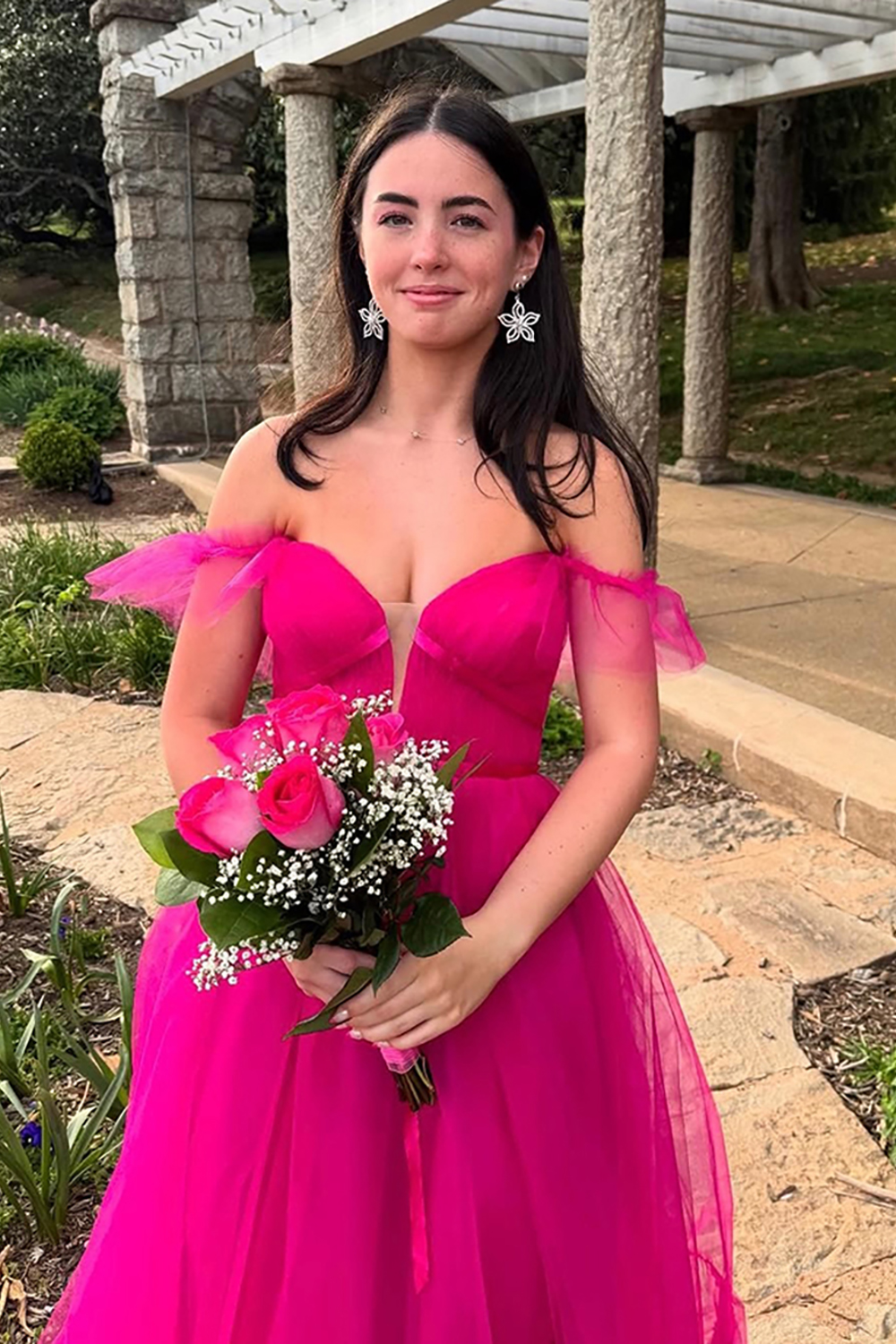 Off the Shoulder Fuchsia A Line Long Prom Dress