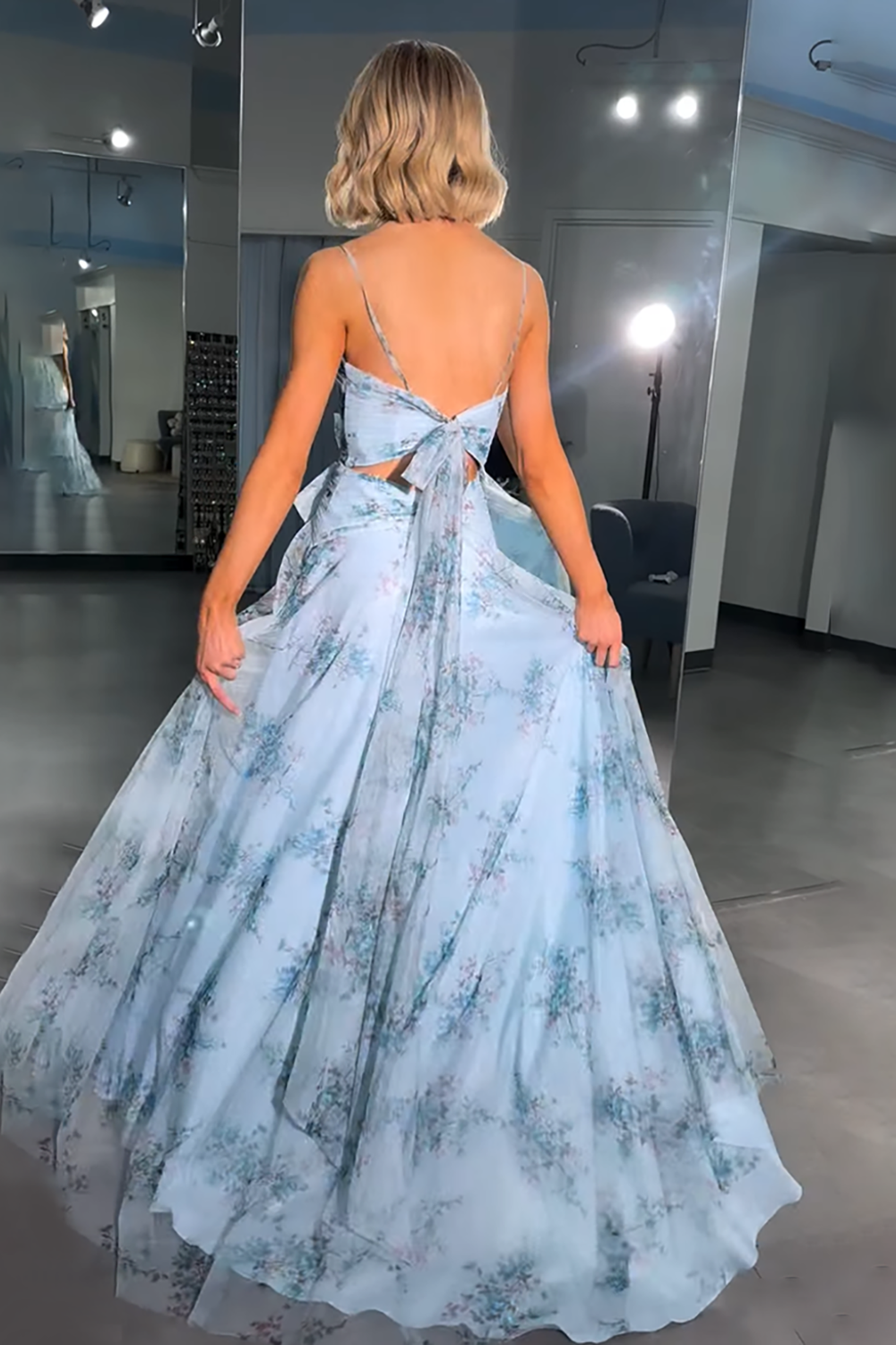 Blue Floral Cut Out A Line Long Prom Dress with Bows