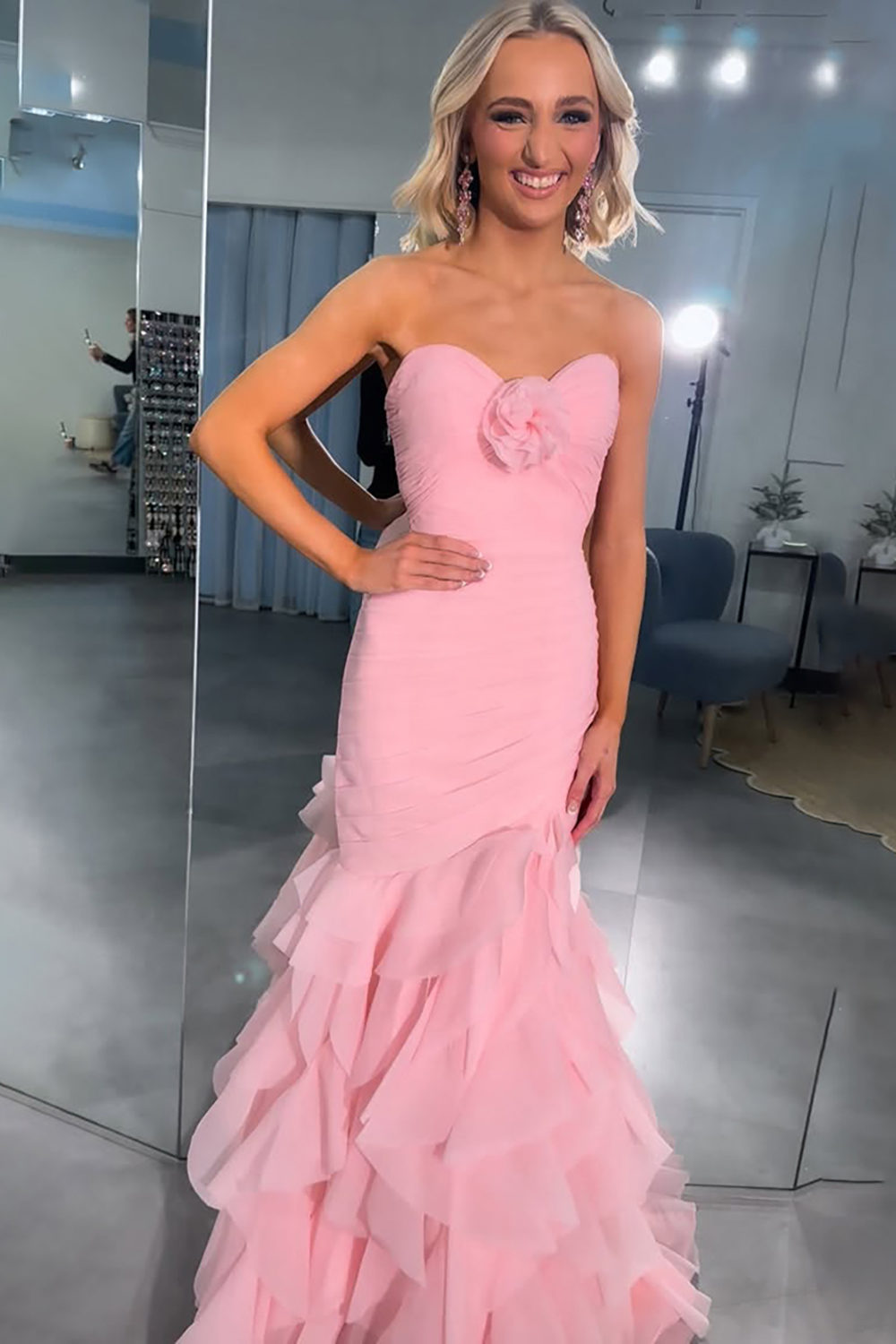 Pink Sweetheart Mermaid Ruffled Long Prom Dress with 3D Flower