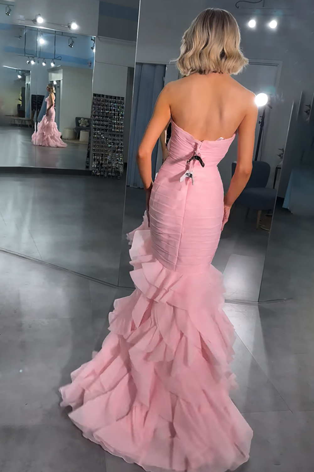 Pink Sweetheart Mermaid Ruffled Long Prom Dress with 3D Flower