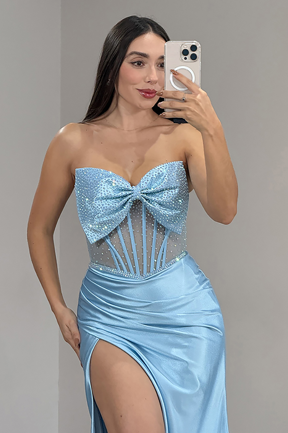Sparkly Satin Mermaid Light Blue Corset Long Prom Dress with Detachable Bow