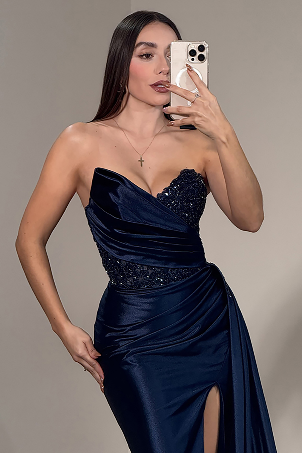 Sparkly Strapless Mermaid Navy Satin Long Prom Dress with Side Cape