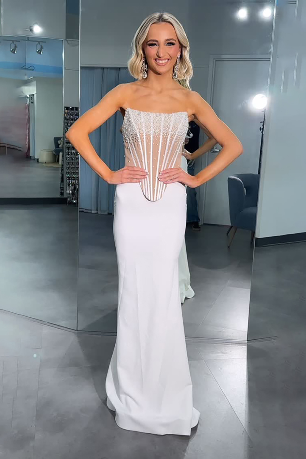 Sparkly Simple White Corset Mermaid Beaded Strapless Long Prom Dress