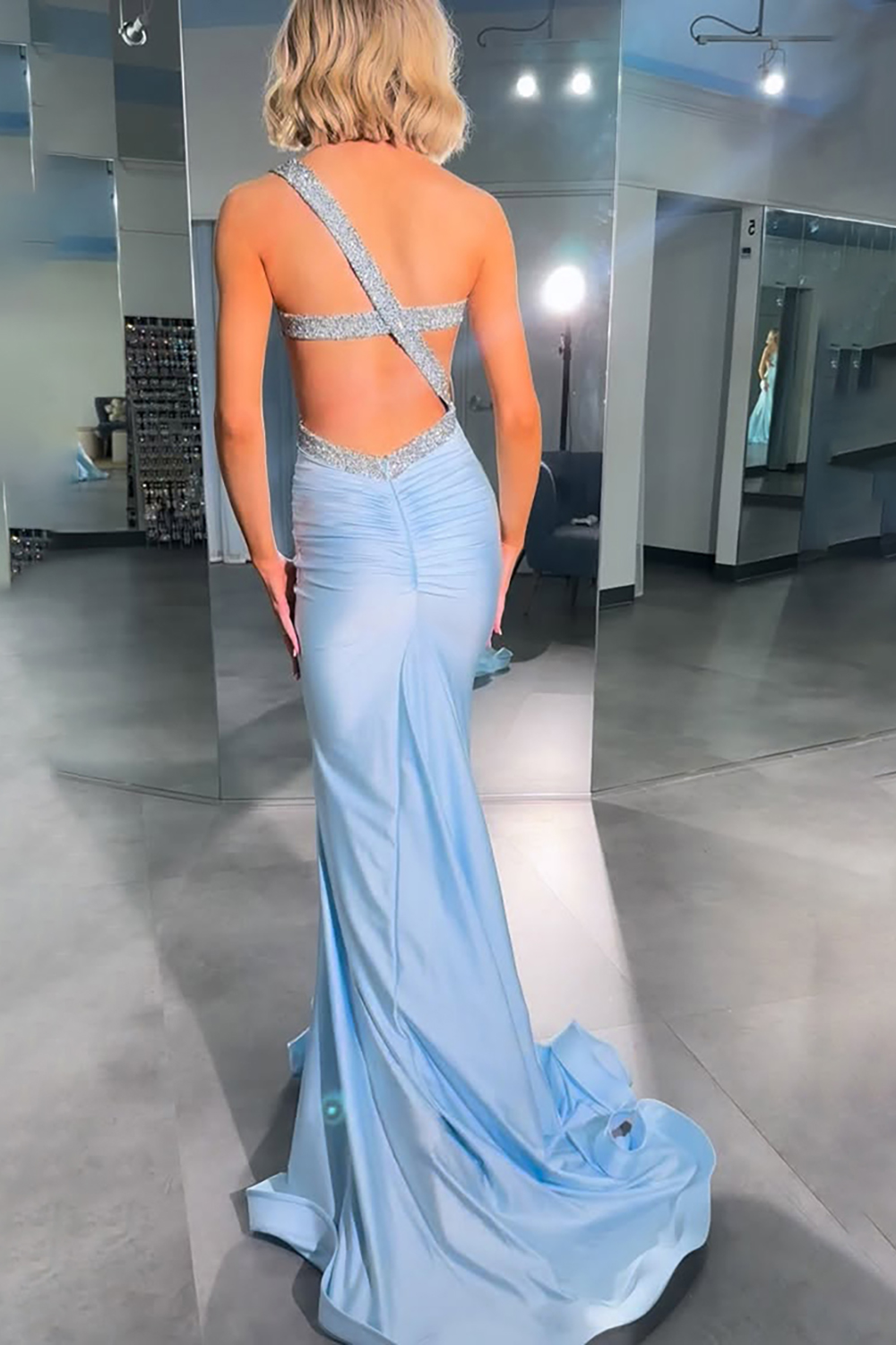 Sparkly Satin Light Blue One Shoulder Cut Out Mermaid Long Prom Dress
