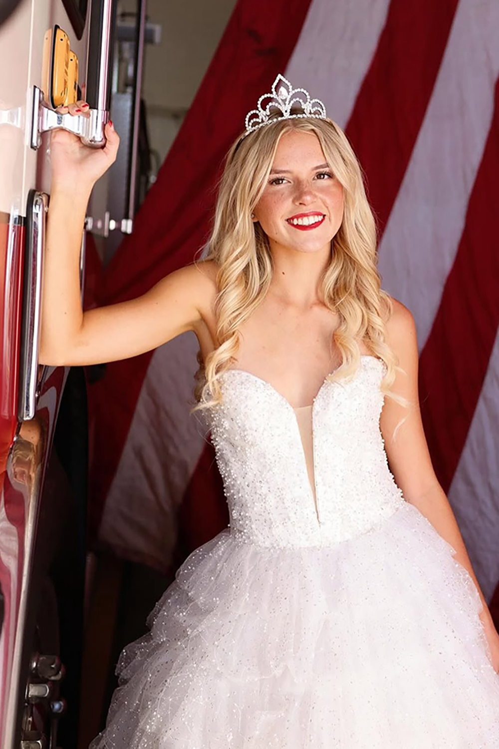 Sparkly White Ball Gown Ruffled Corset Long Prom Dress with Beading