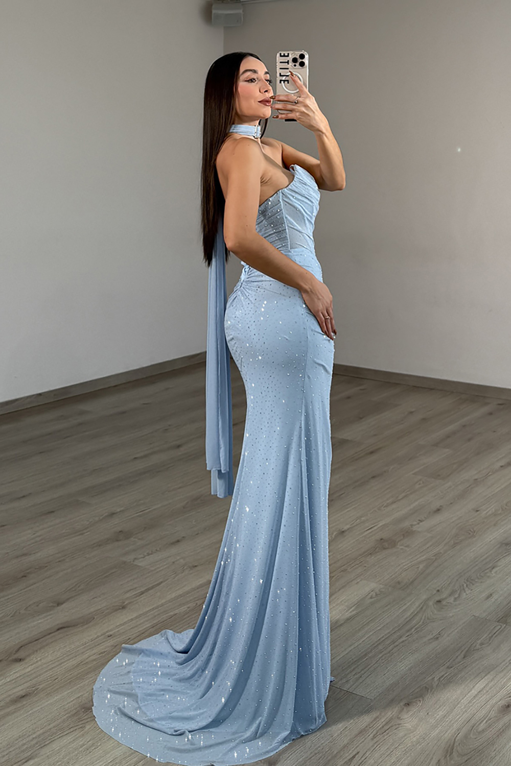Sparkly Light Blue Mermaid Corset Beaded Long Prom Dress with Slit