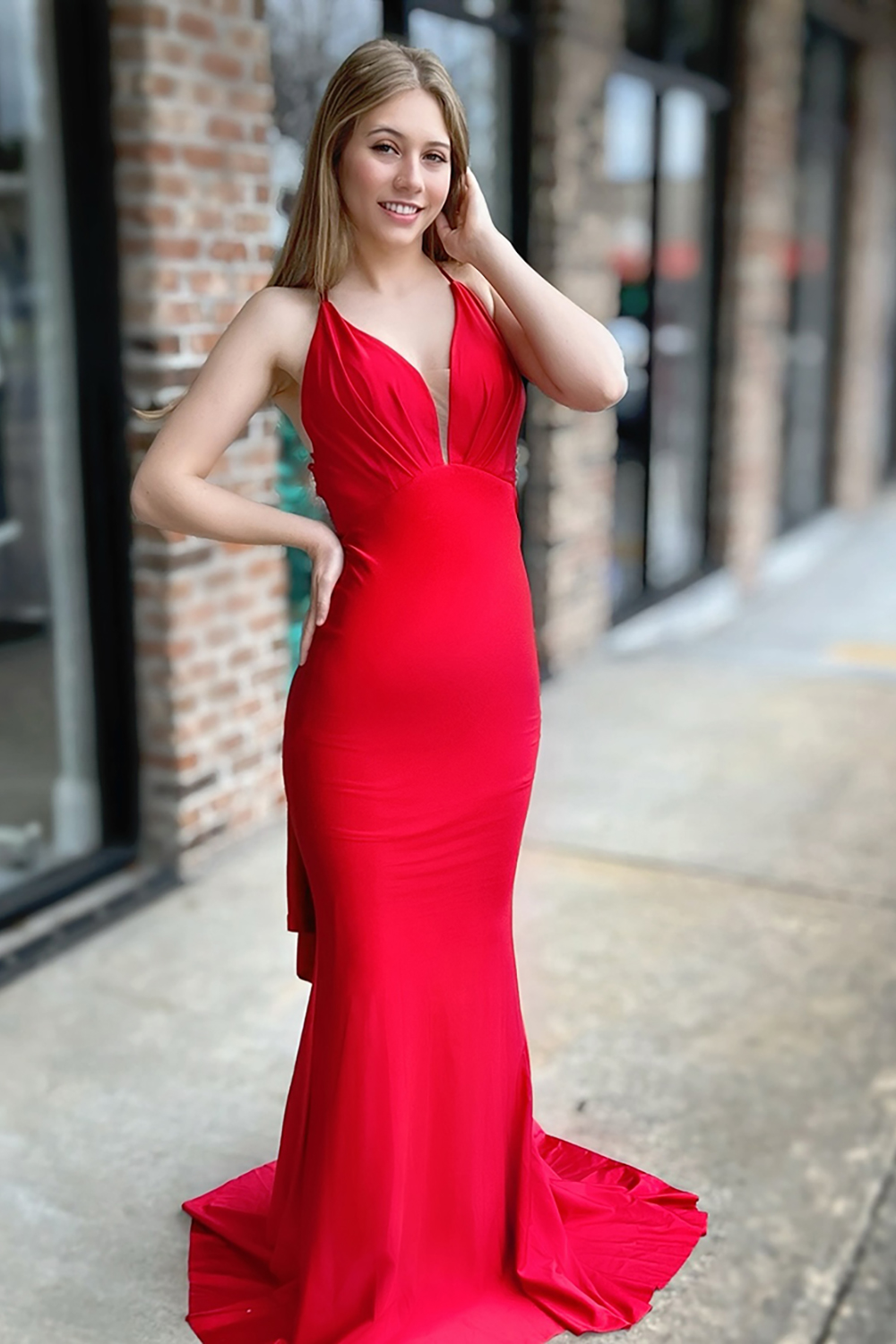 Sparkly Red V-Neck Mermaid Satin Beaded Long Prom Dress with Cape