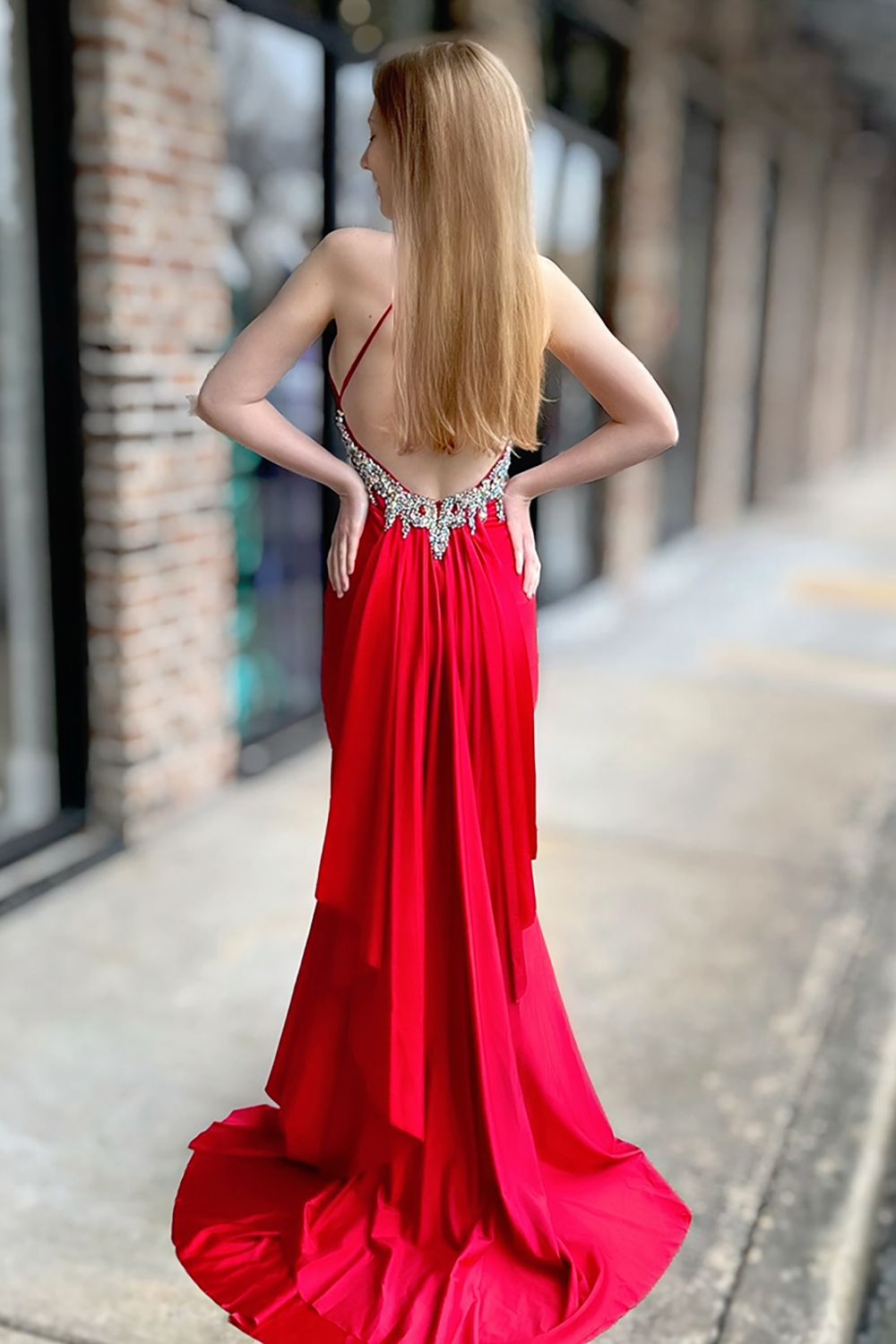 Sparkly Red V-Neck Mermaid Satin Beaded Long Prom Dress with Cape
