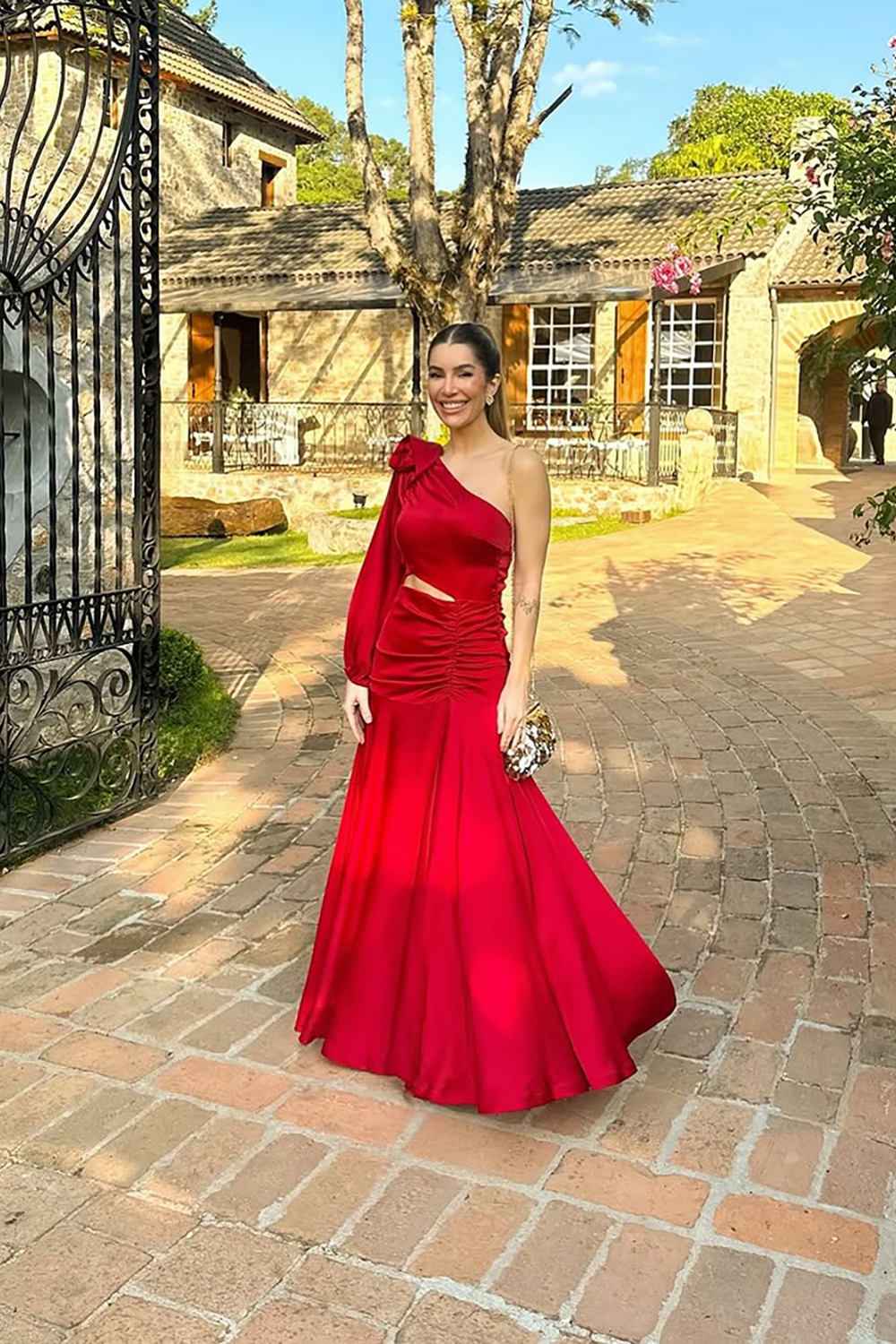 Floral One Shoulder Satin Red A Line Long Prom Dress with Slit