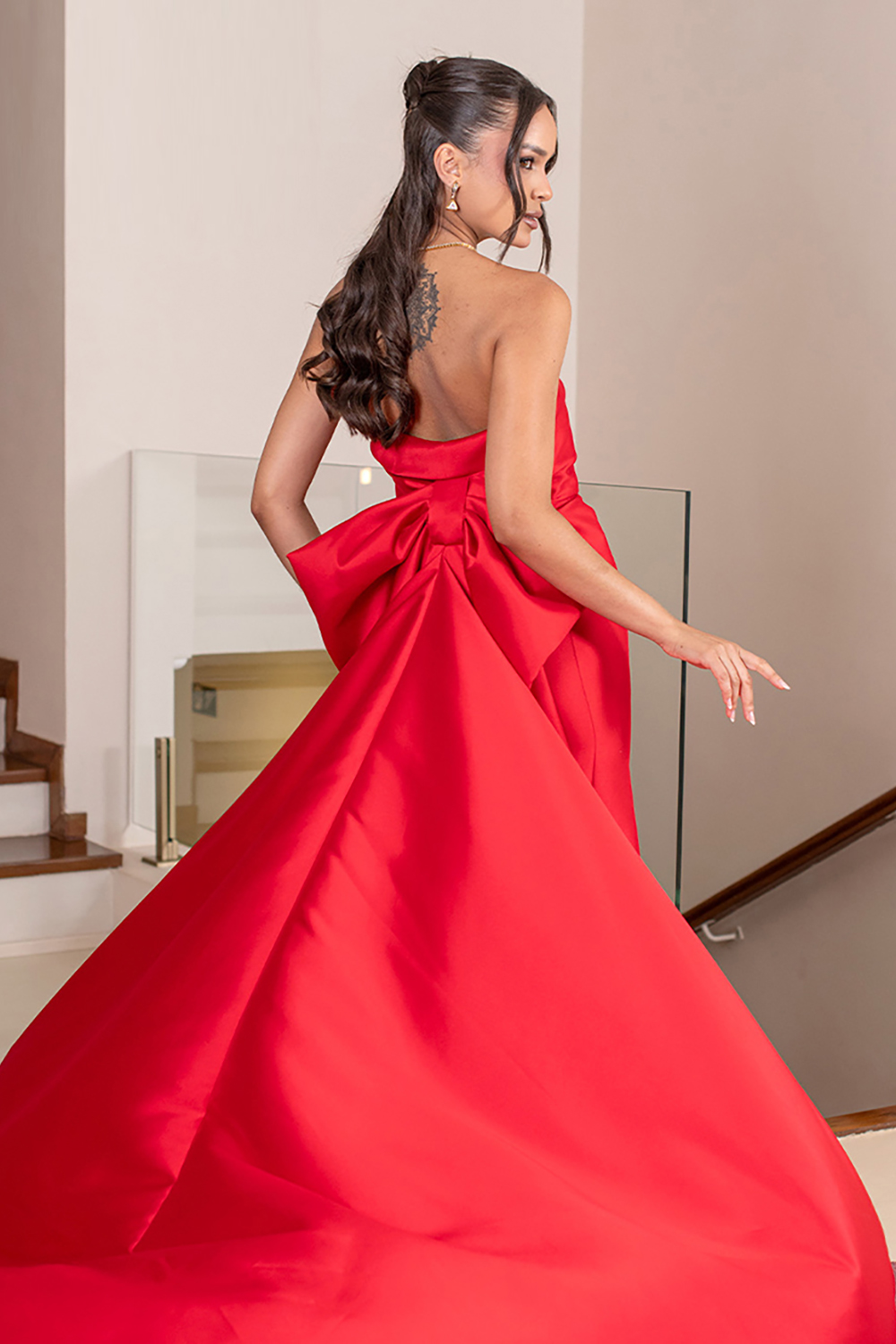Red Satin Mermaid Strapless Long Prom Dress with Cape