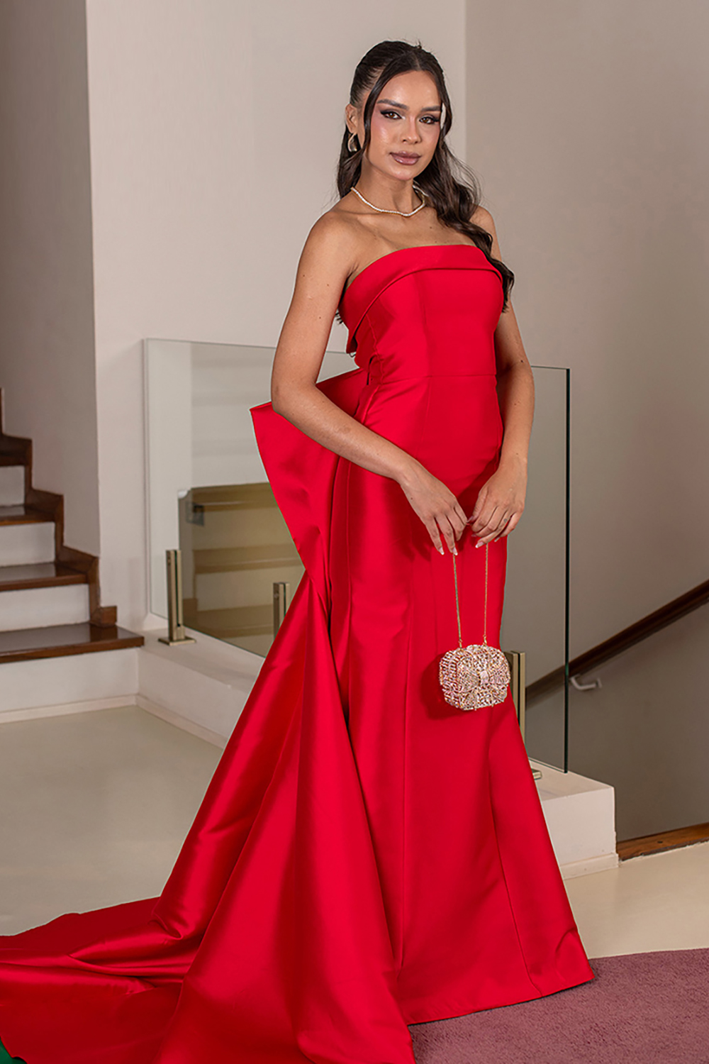 Red Satin Mermaid Strapless Long Prom Dress with Cape