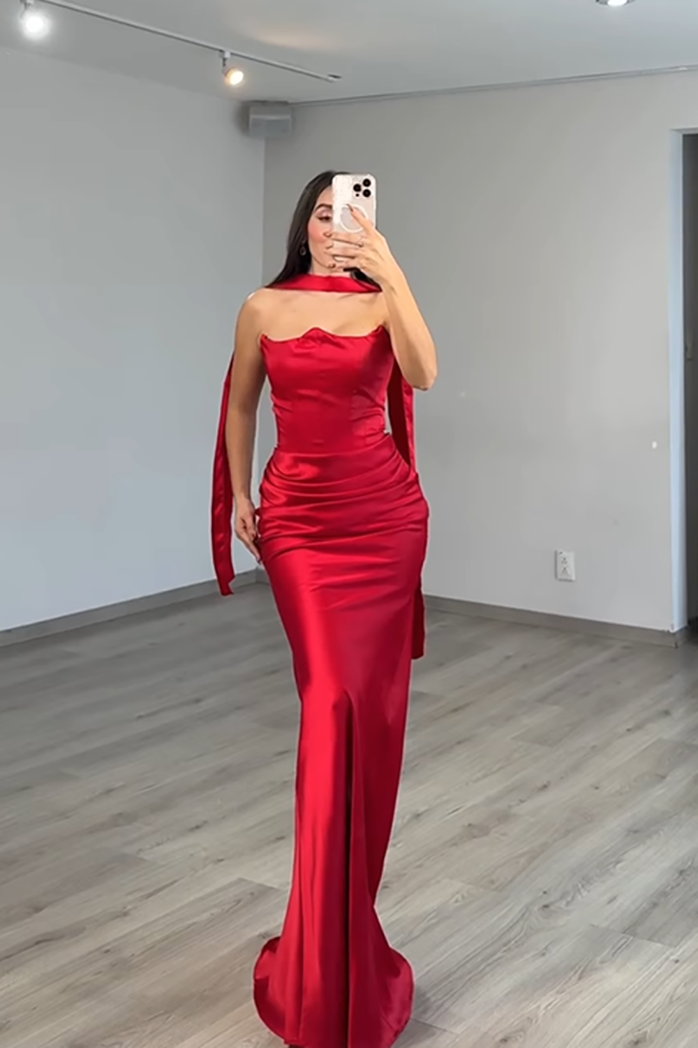Red Mermaid Corset Satin Strapless Neck Scarf Long Prom Dress