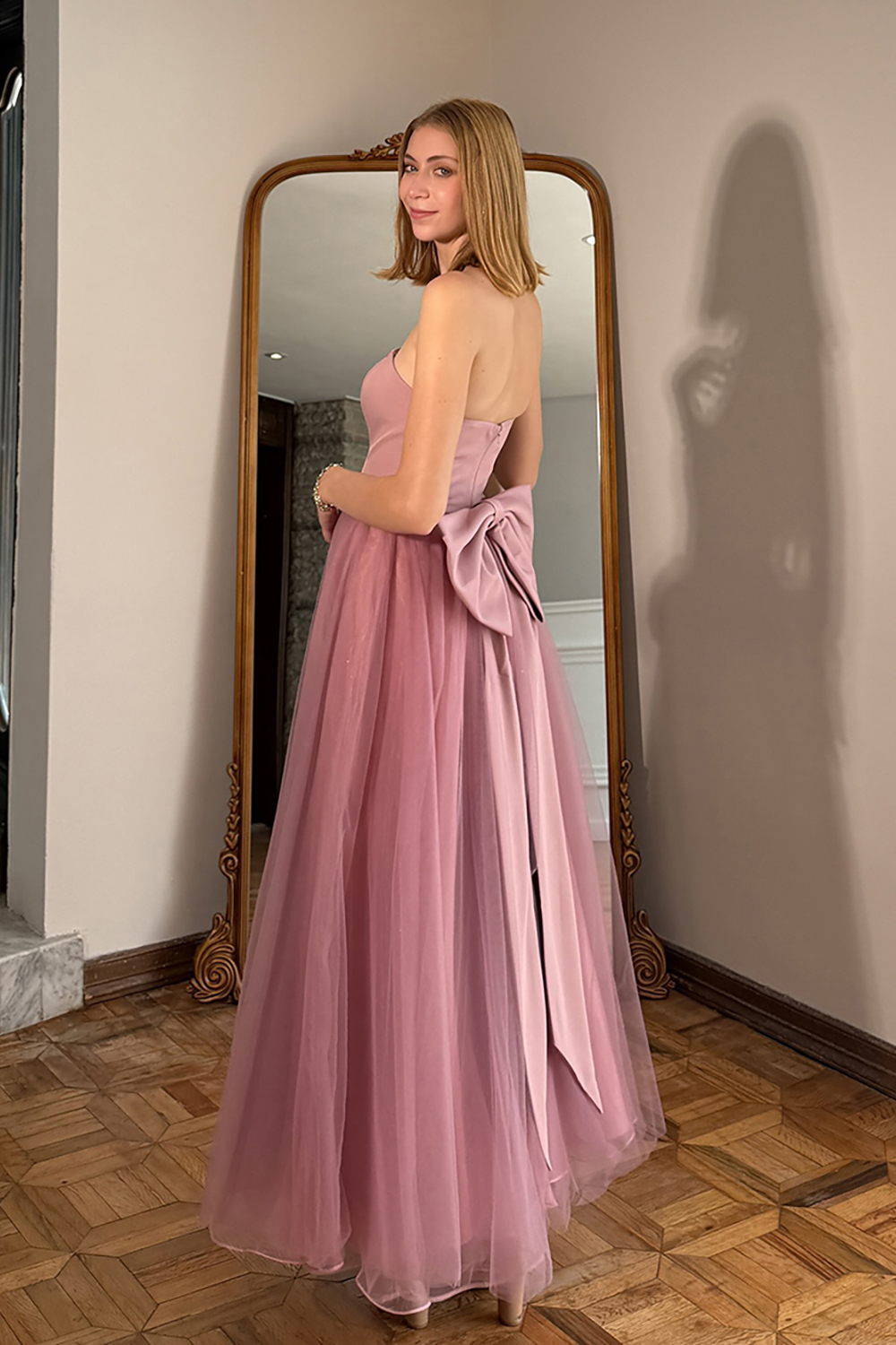 Blush Corset Strapless Tulle Long Prom Dress with Bow