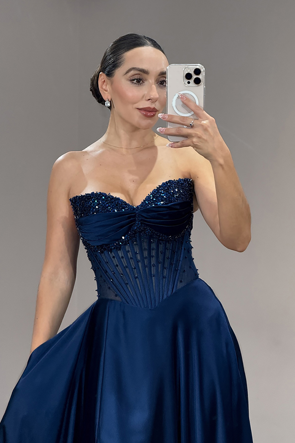 Sparkly Navy Satin Off the Shoulder Corset Long Prom Dress with Slit