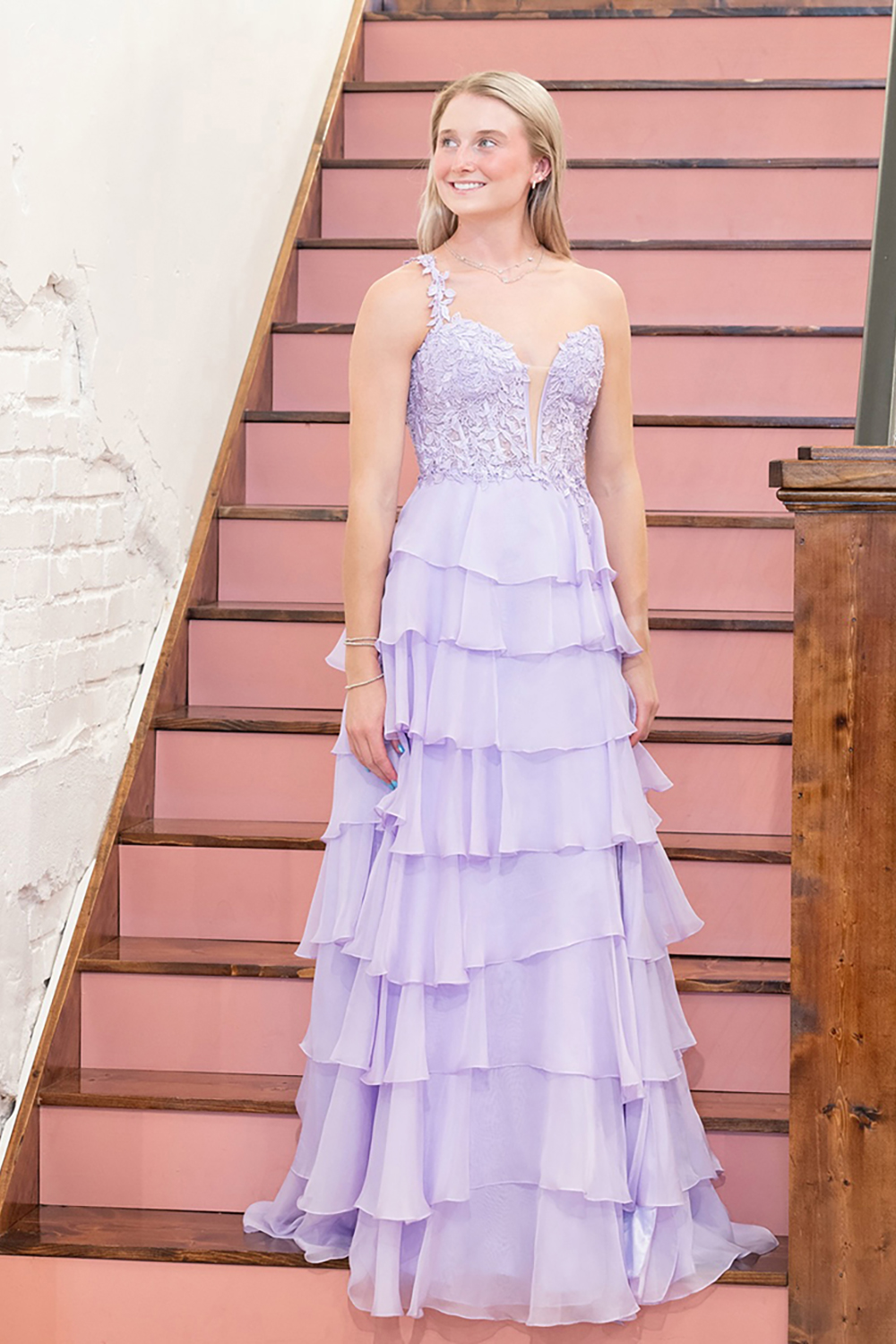 Sparkly Chiffon One Shoulder Corset Lilac Long Prom Dress with Ruffles
