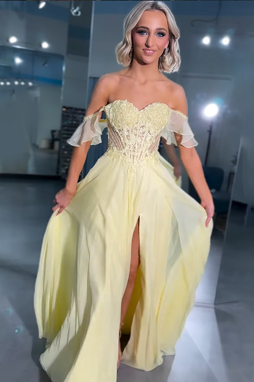 Yellow Off the Shoulder Chiffon Corset Long Prom Dress with Slit