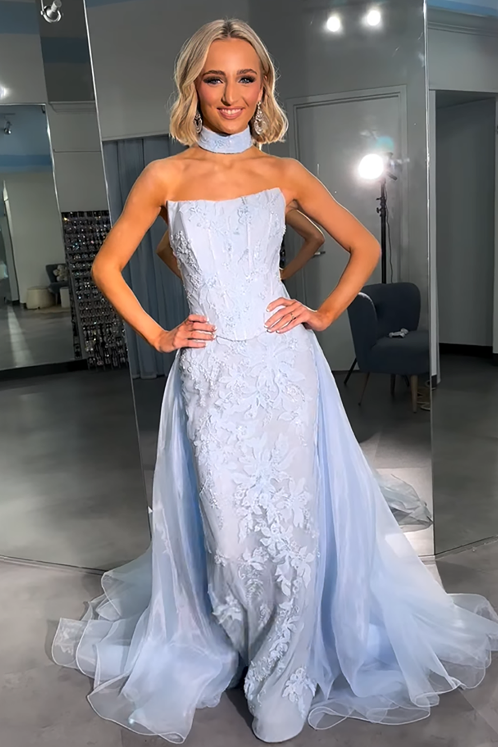 Floral Strapless Light Blue Corset Mermaid Long Prom Dress with Cape