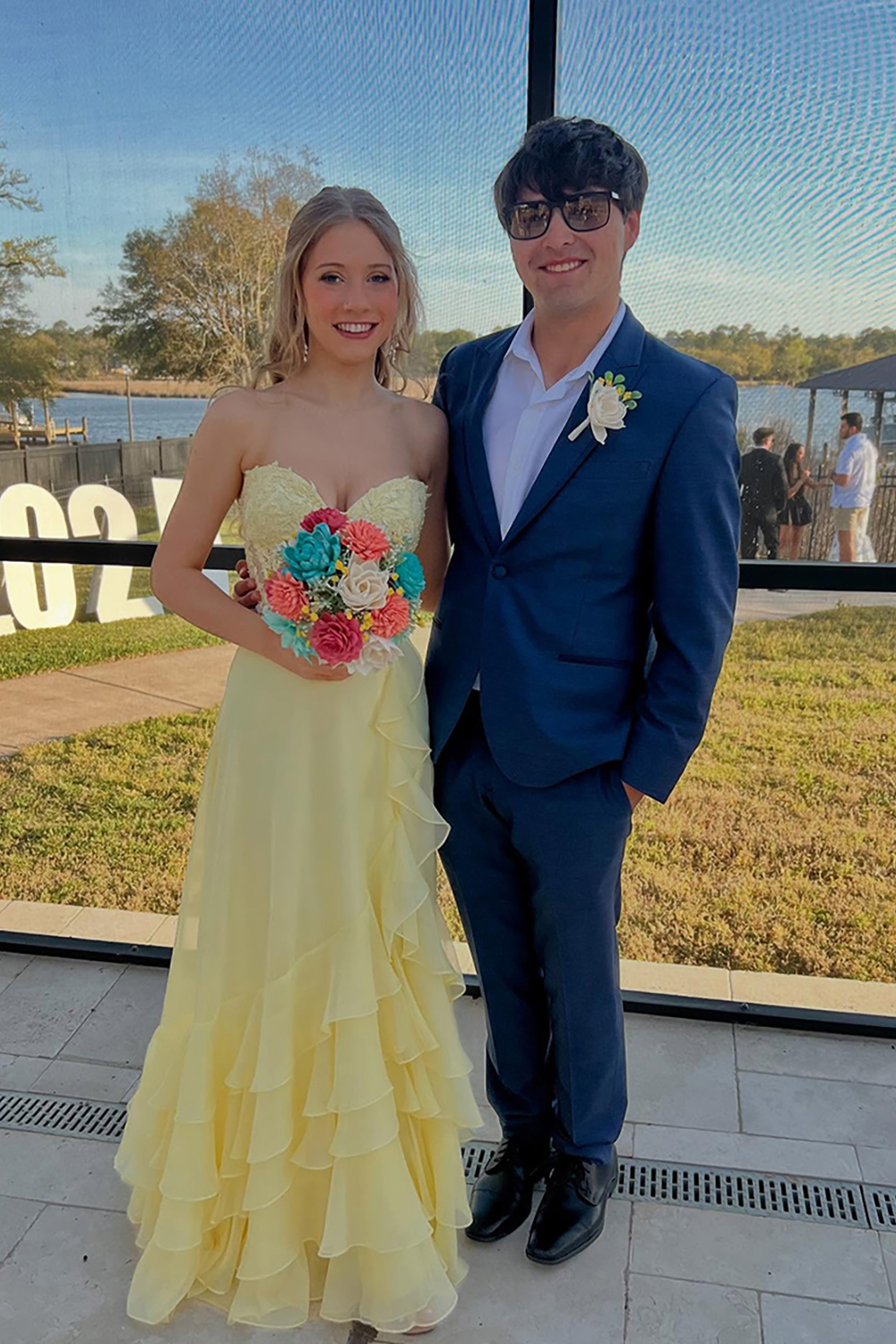 Yellow Sweetheart Chiffon Corset Long Prom Dress with Ruffles