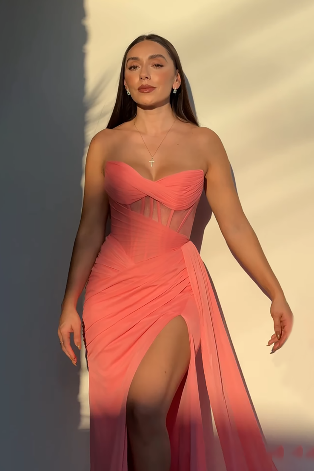 Mermaid Strapless Corset Blush Chiffon Long Prom Dress with Side Cape
