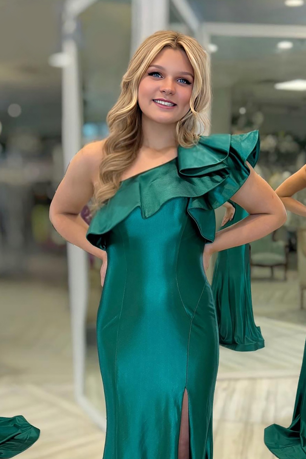 Satin Emerald Green One Shoulder Ruffled Mermaid Long Prom Dress with Slit