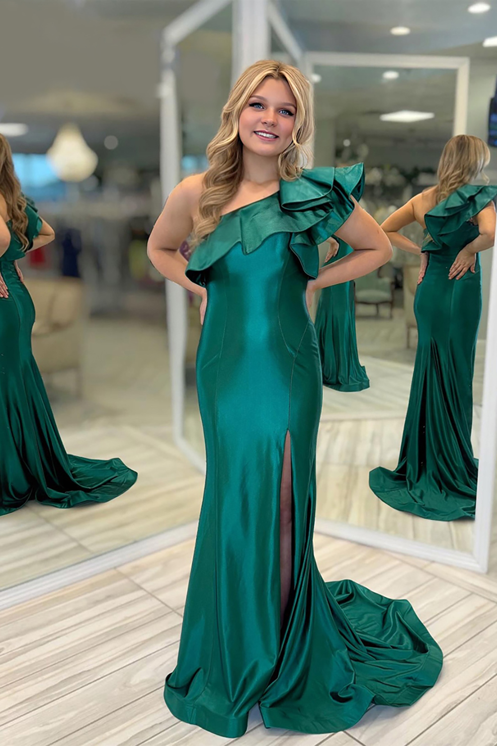 Satin Emerald Green One Shoulder Ruffled Mermaid Long Prom Dress with Slit