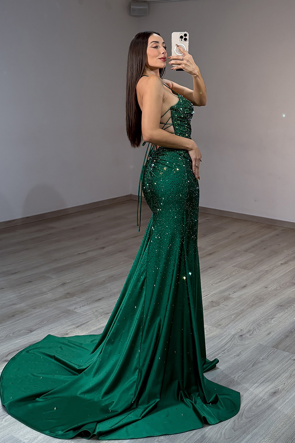 Sparkly Beaded Mermaid Emerald Green Satin Long Prom Dress with Slit