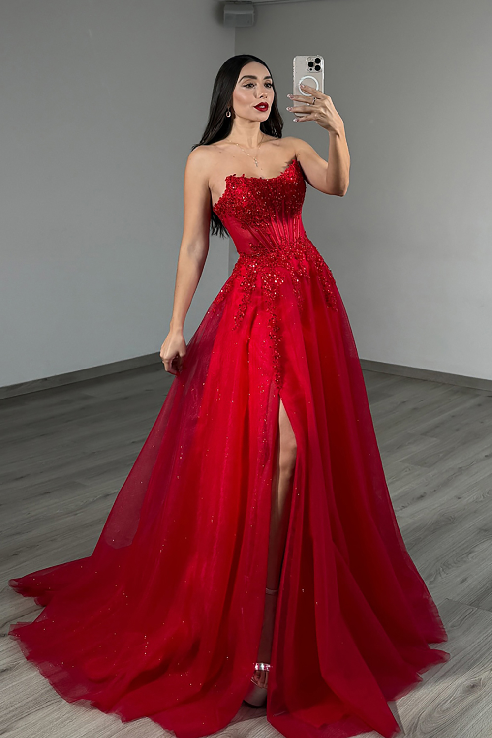 Sparkly Red Corset Beaded Strapless Ball Gown Long Prom Dress with Slit