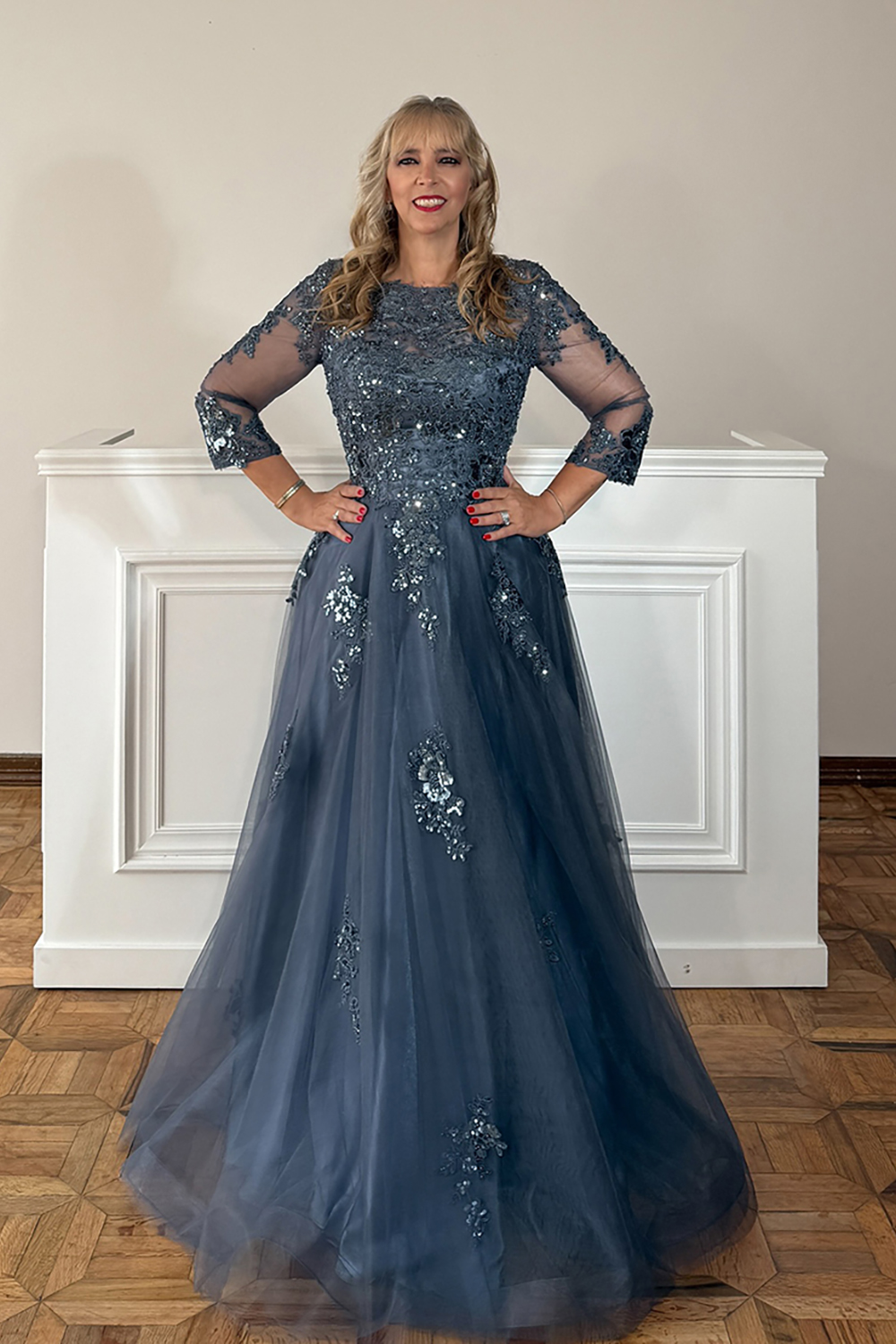 Sparkly Grey Blue Floral Beaded Long Mother of the Bride Dress with Lace