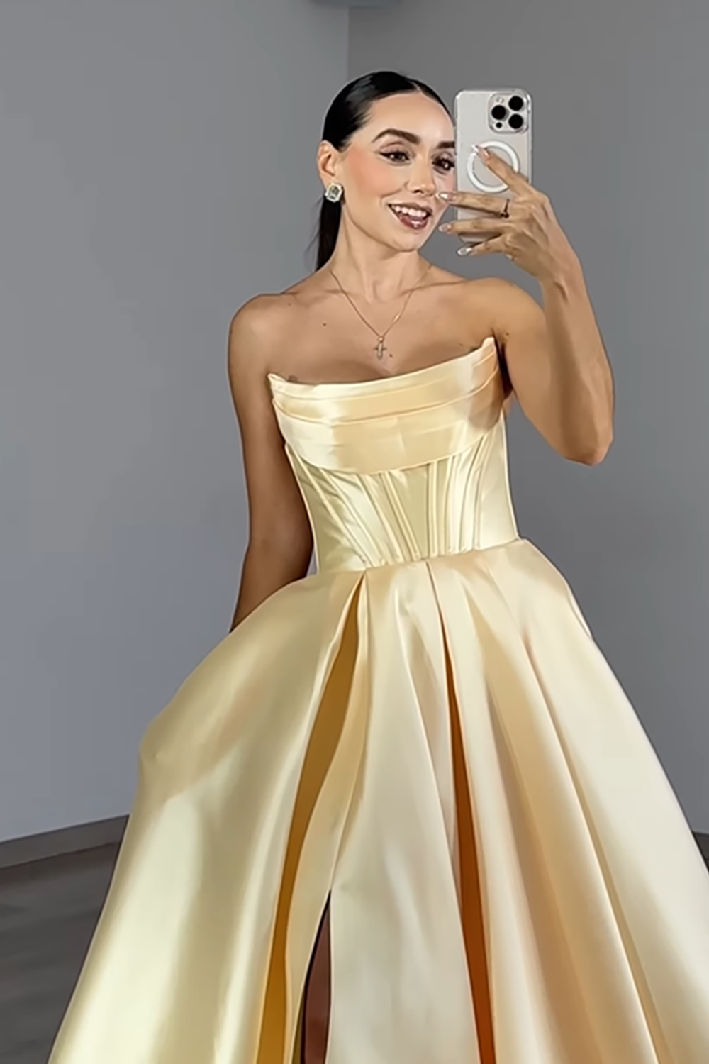 Corset Yellow Satin Ball Gown Strapless Long Prom Dress