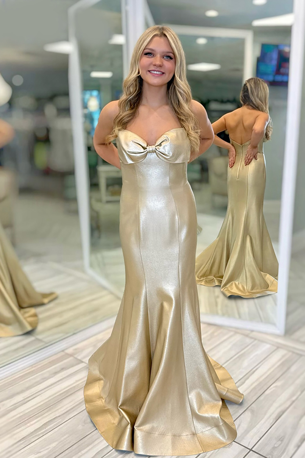 Gold Satin Strapless Mermaid Long Prom Dress with Bow