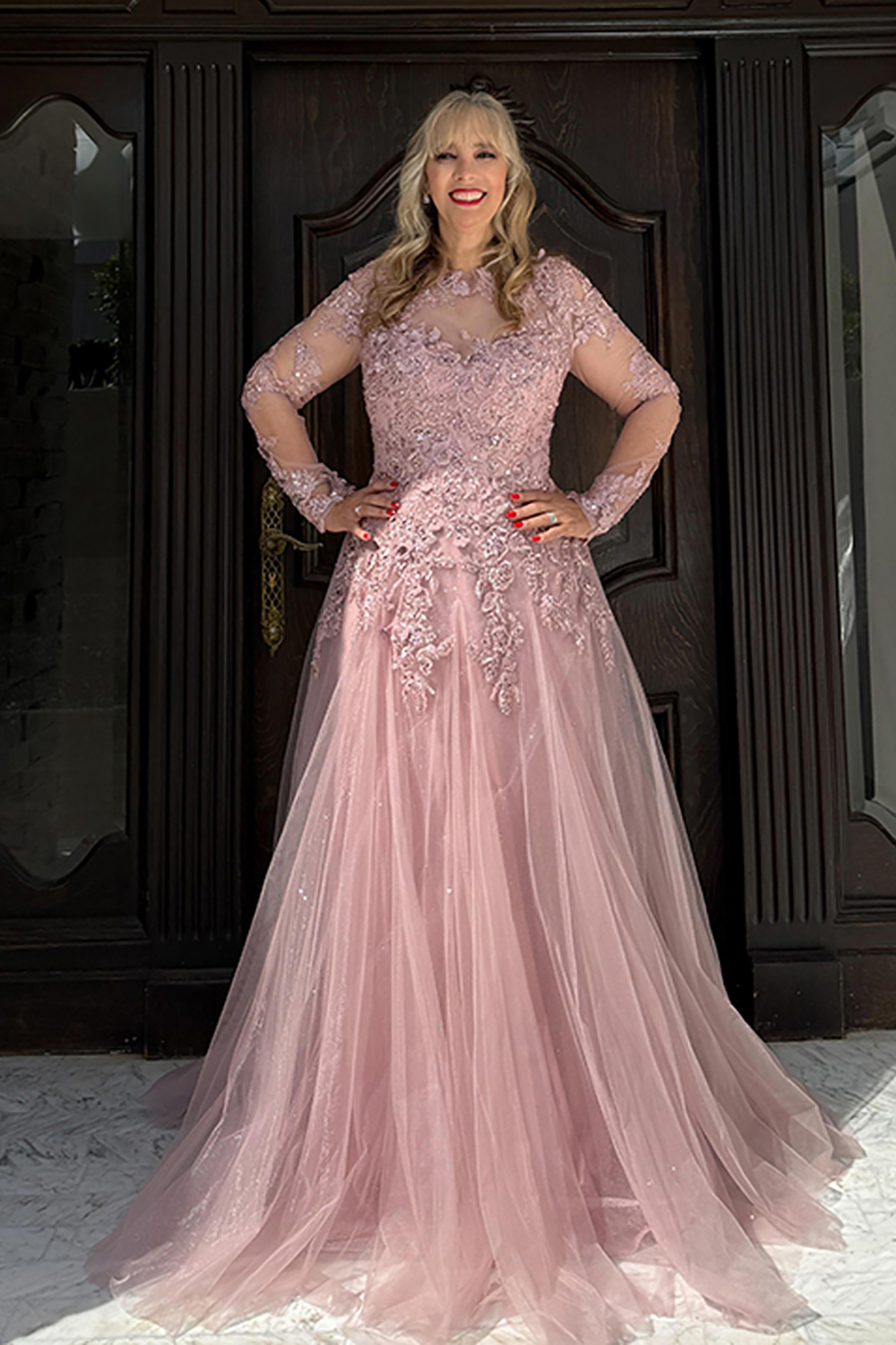 Sparkly Beaded Blush Tulle Floral Long Mother of the Bride Dress with Lace