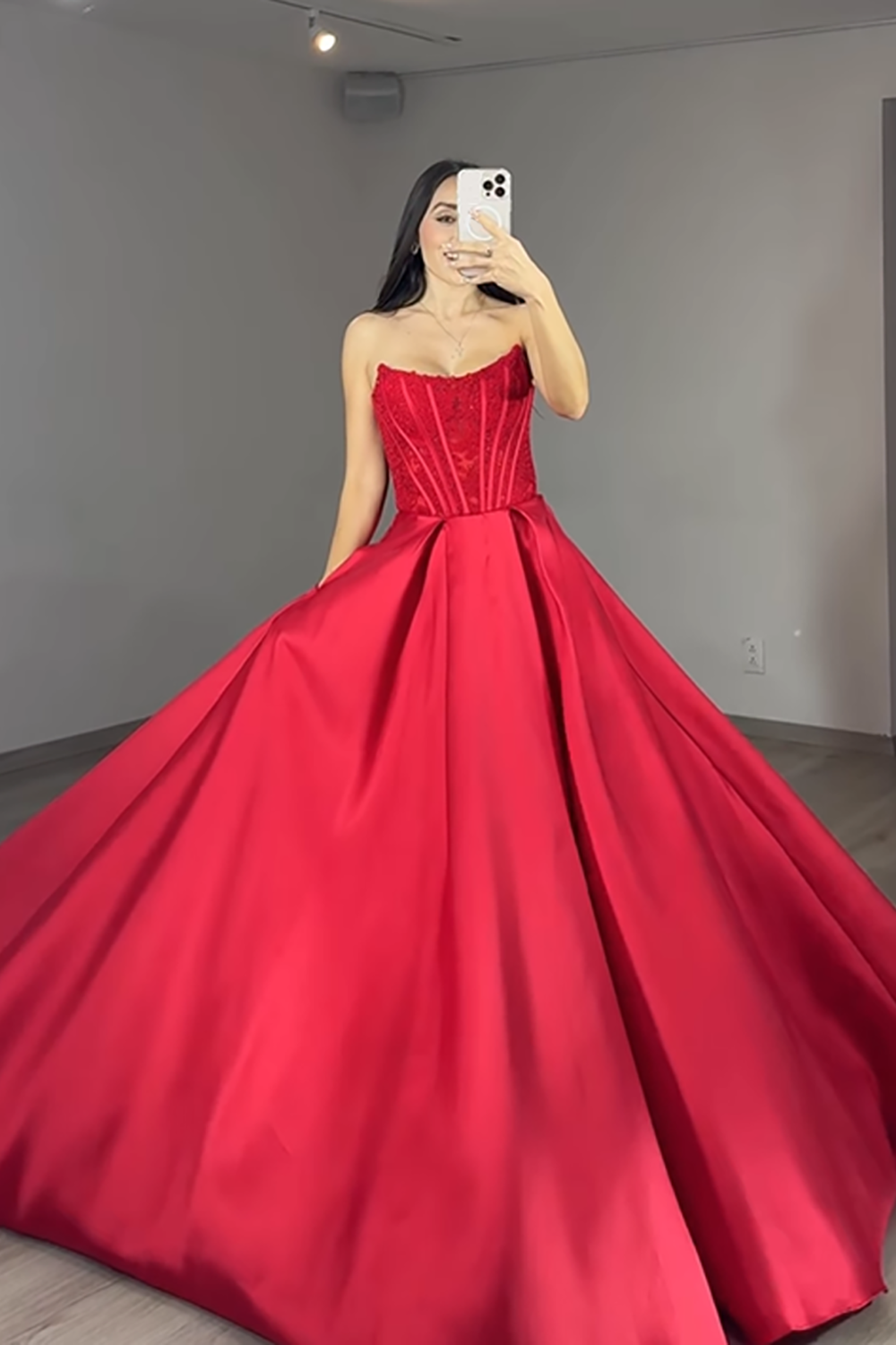 Red Satin Ball Gown Corset Strapless Long Prom Dress