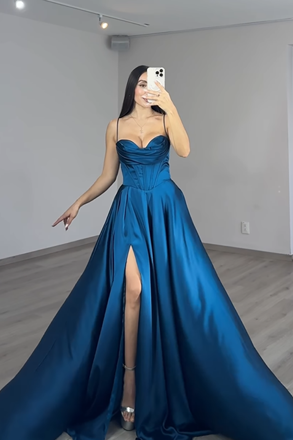 Ball Gown Satin Dark Blue Corset Long Prom Dress with Slit