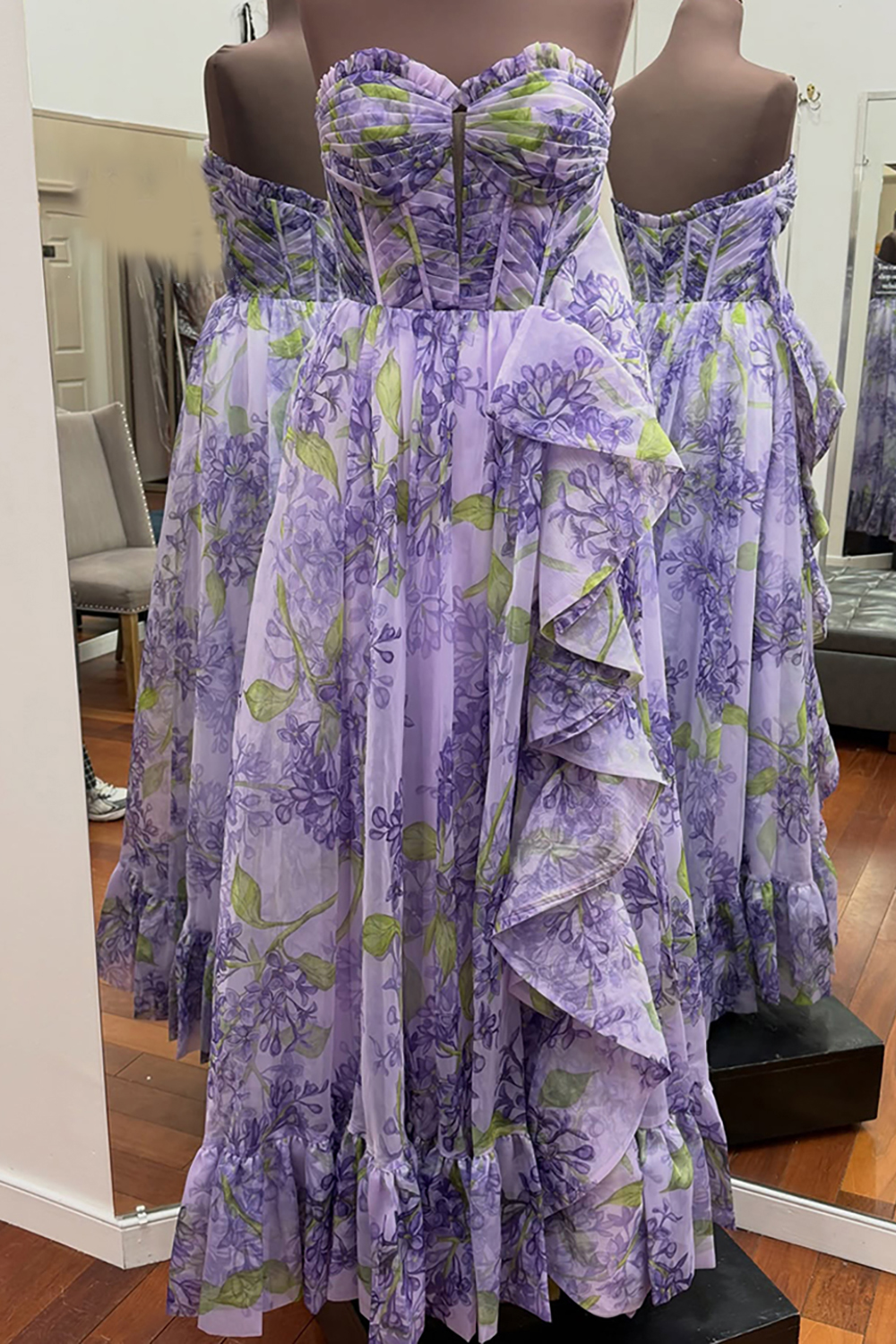 Floral Purple Ruffled Corset Strapless Long Prom Dress