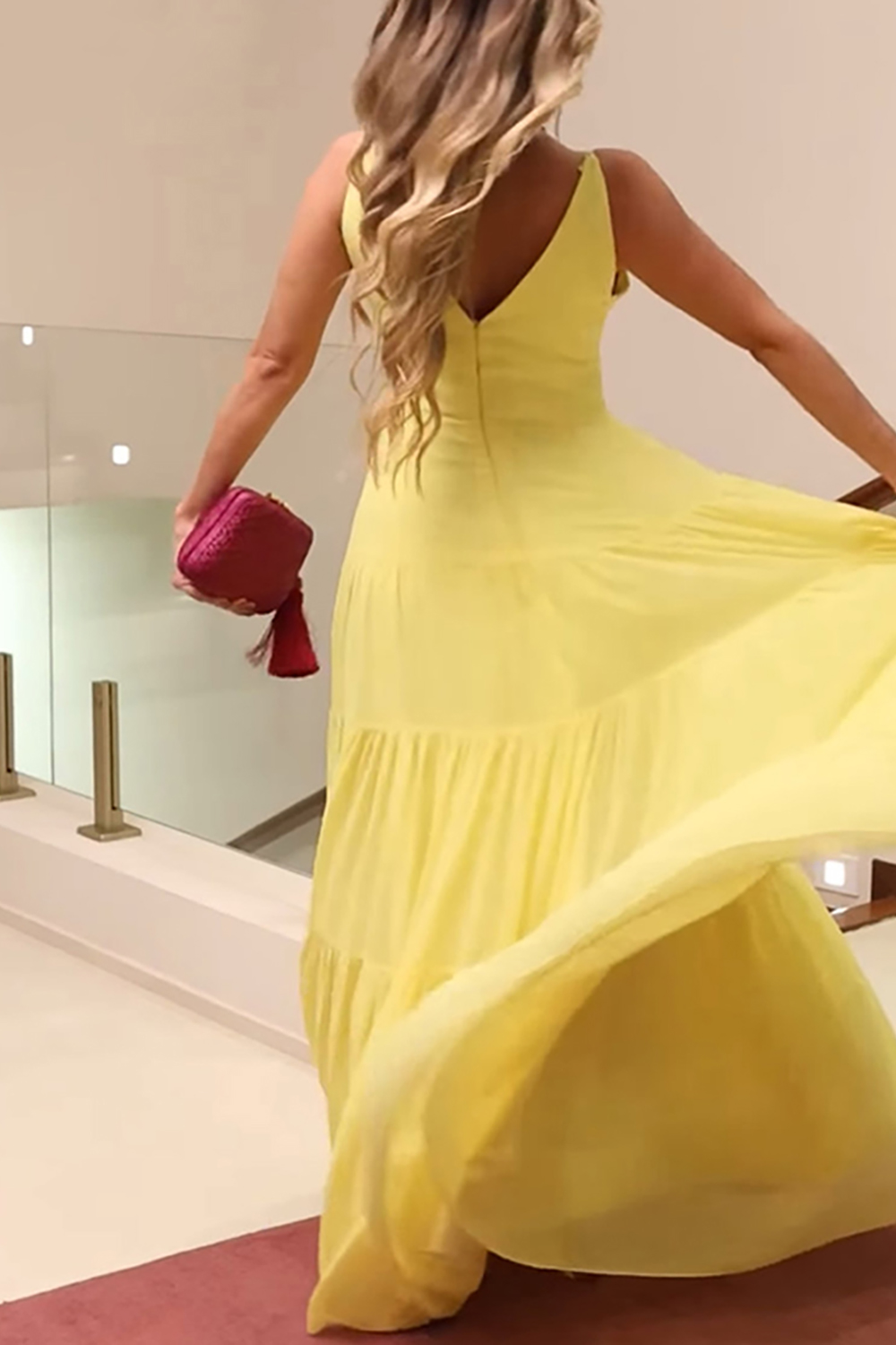 Simple Yellow V-Neck Chiffon A Line Ruched Long Prom Dress