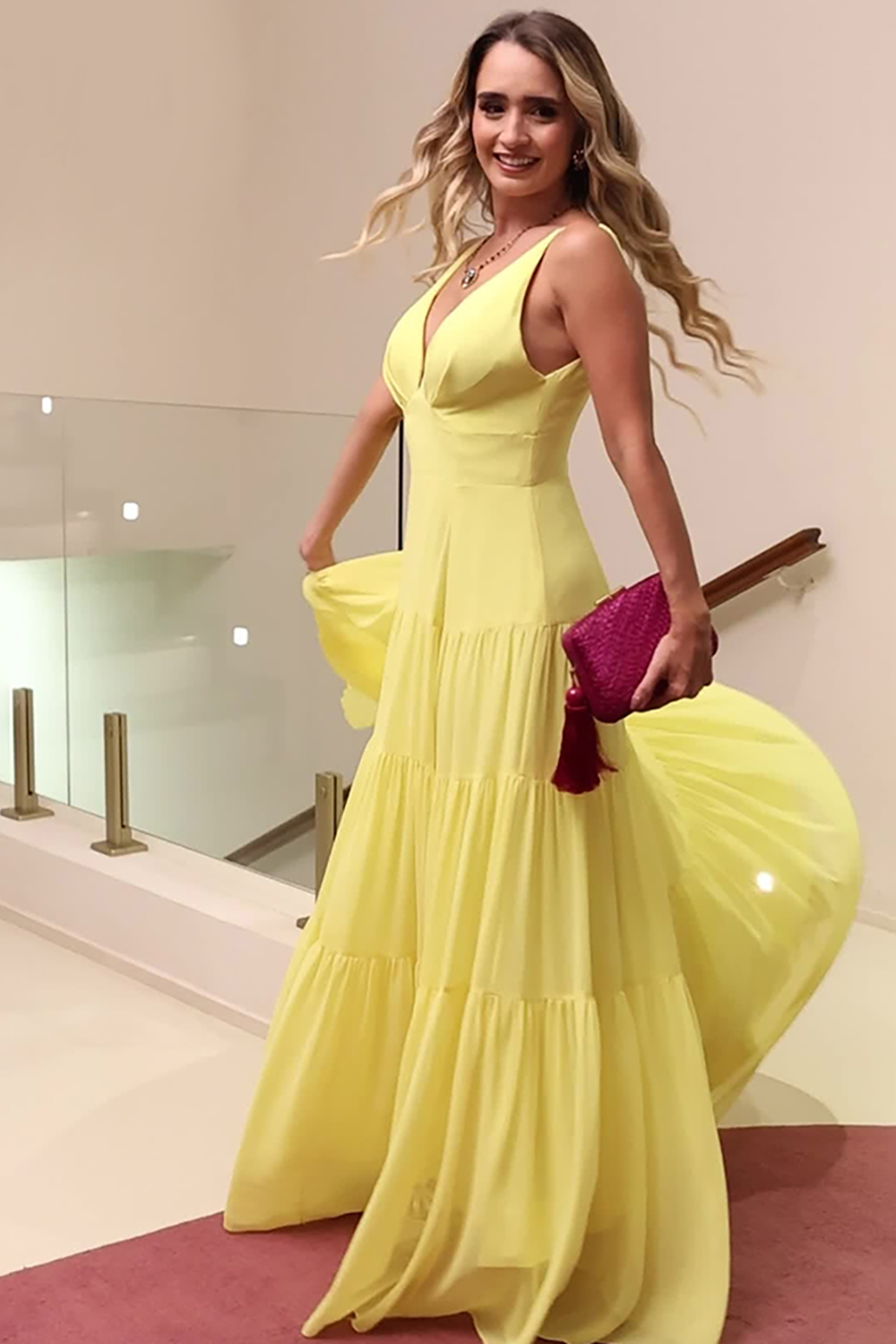 Simple Yellow V-Neck Chiffon A Line Ruched Long Prom Dress