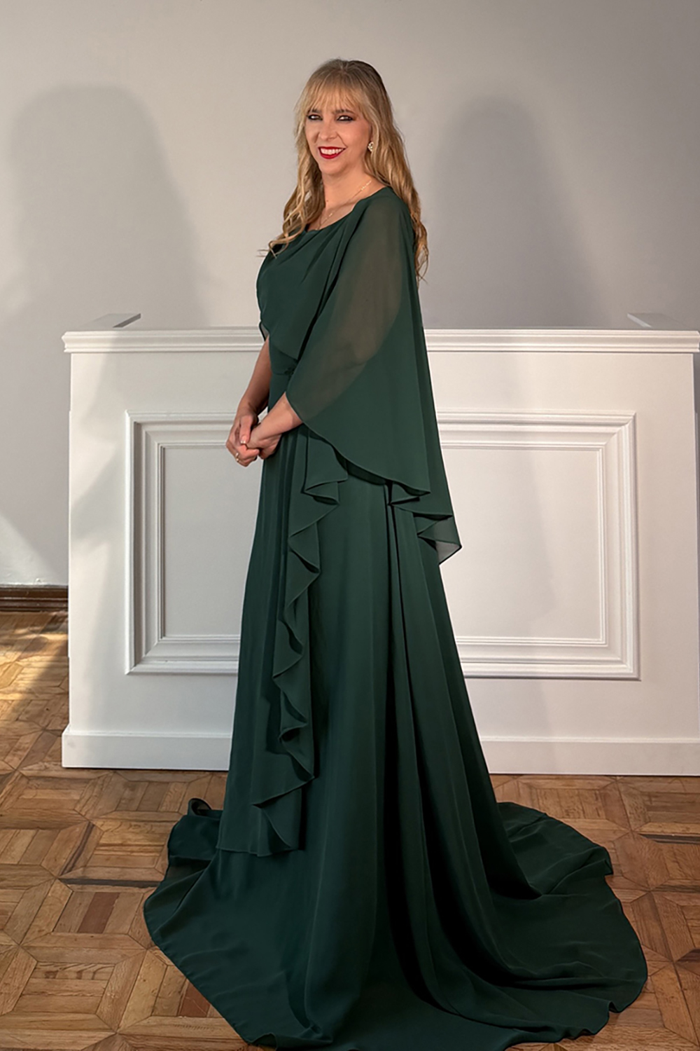 Ruffled Dark Green Chiffon A Line Long Mother of the Bride Dress with Sleeves