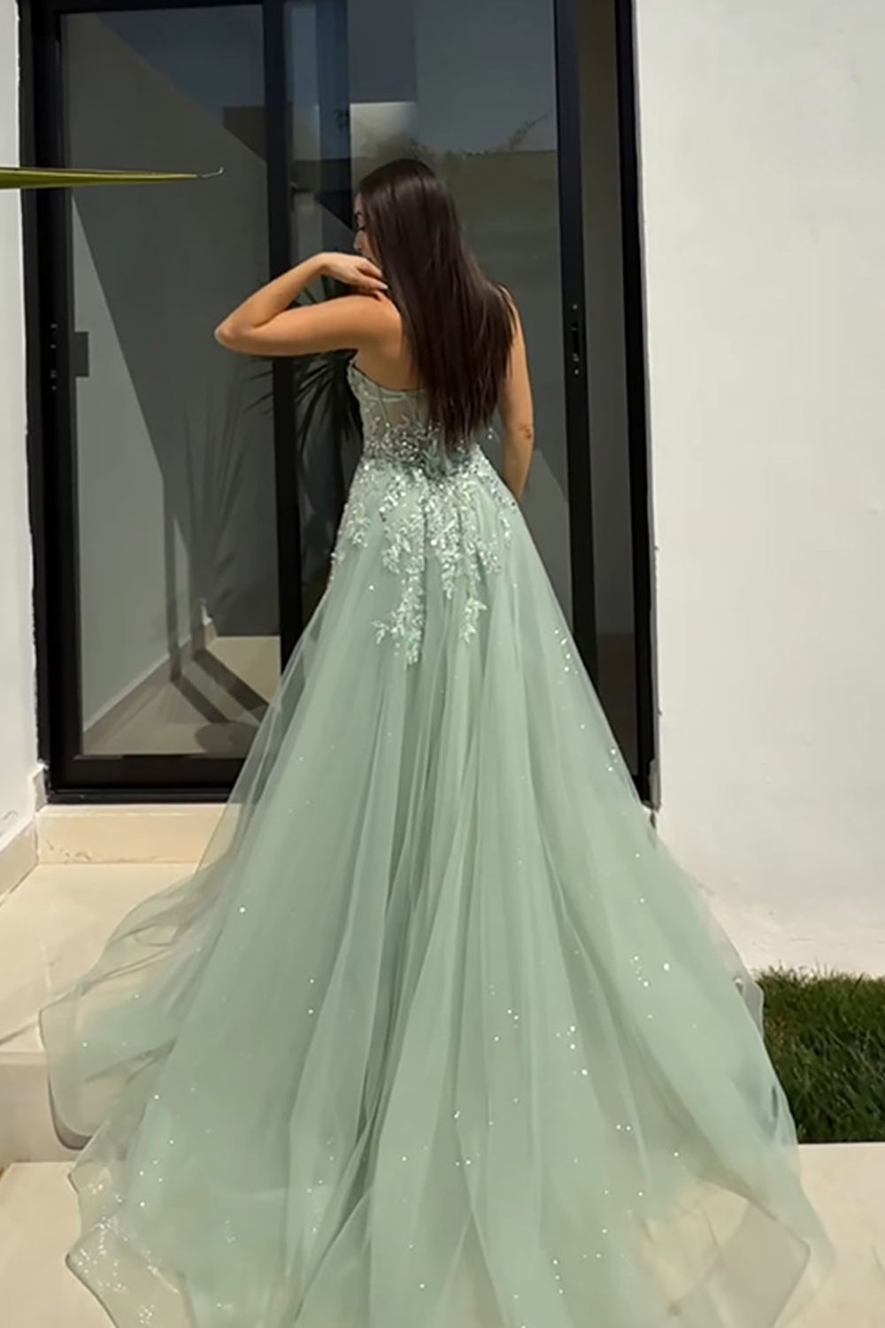 Sparkly Organza Sage Strapless Beaded Floral Long Prom Dress with Slit