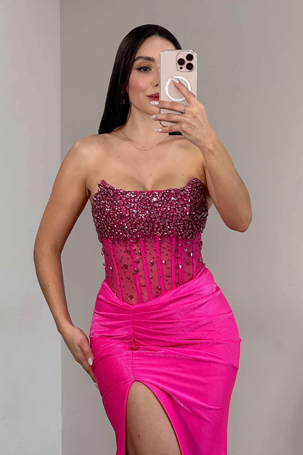 Sparkly Beaded Fuchsia Satin Corset Mermaid Long Prom Dress with Slit