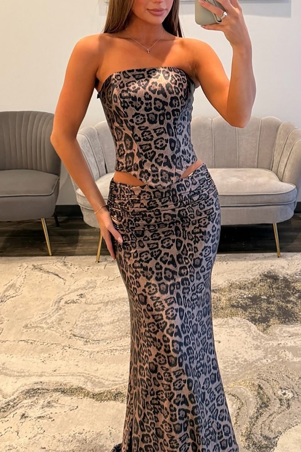 Brown Leopard Mermaid Corset Cut Out Strapless Long Prom Dress